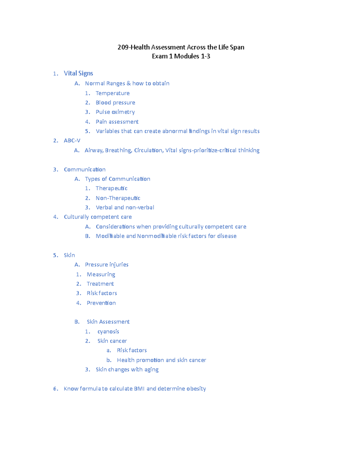 209-Health Assessment Exam 1 Outline: Vital Signs & More - Studocu