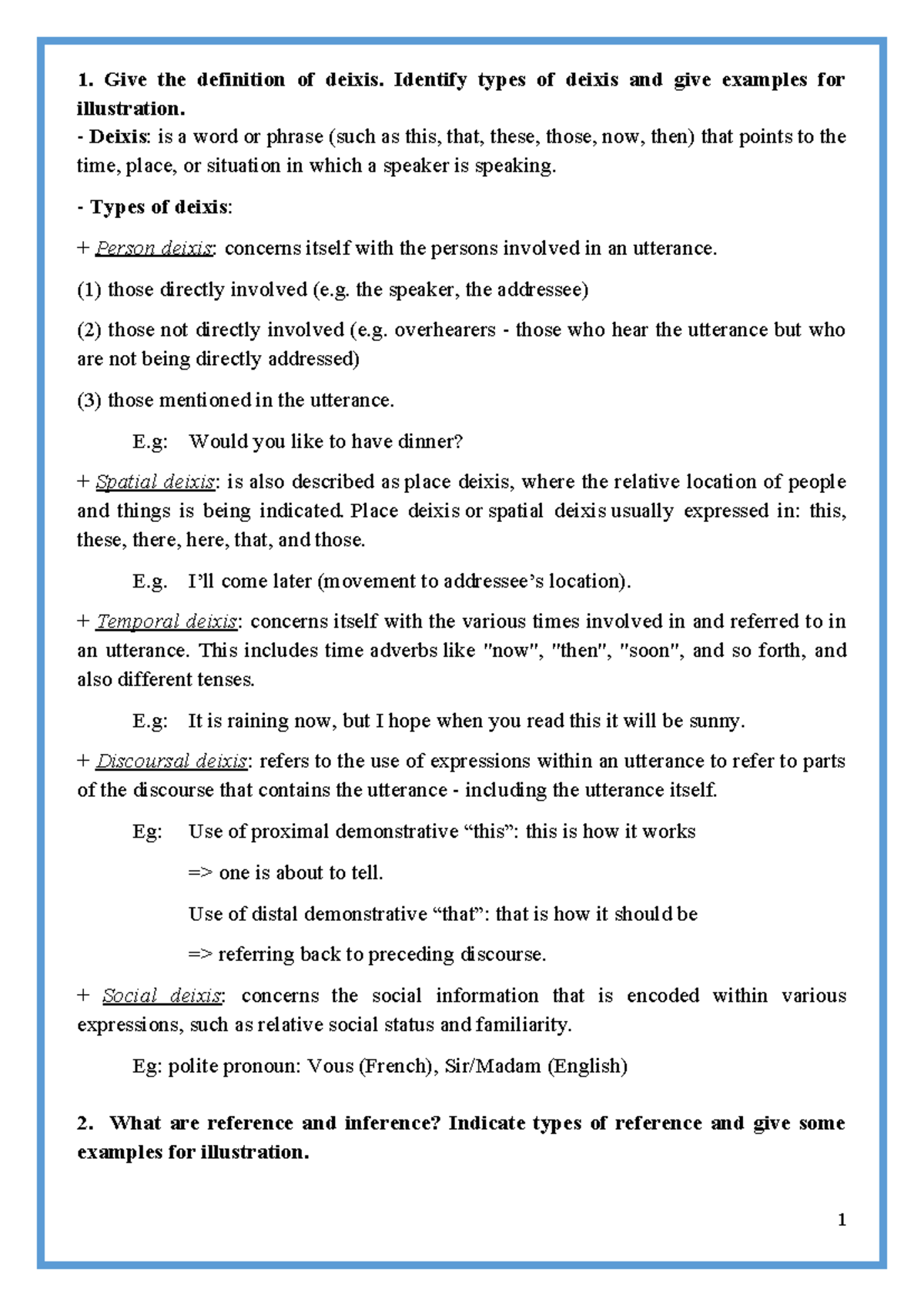 Deixis and Reference: Definitions, Types, and Examples (ENG 101) - Studocu