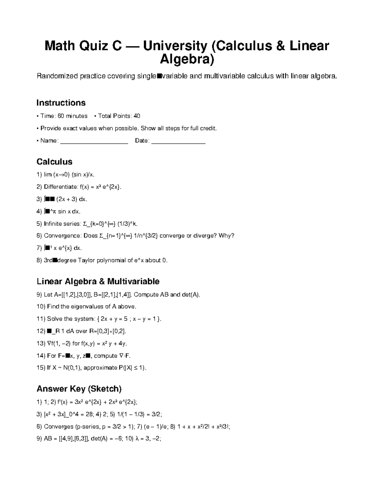 Math Quiz C University - Calculus & Linear Algebra Practice - Studocu
