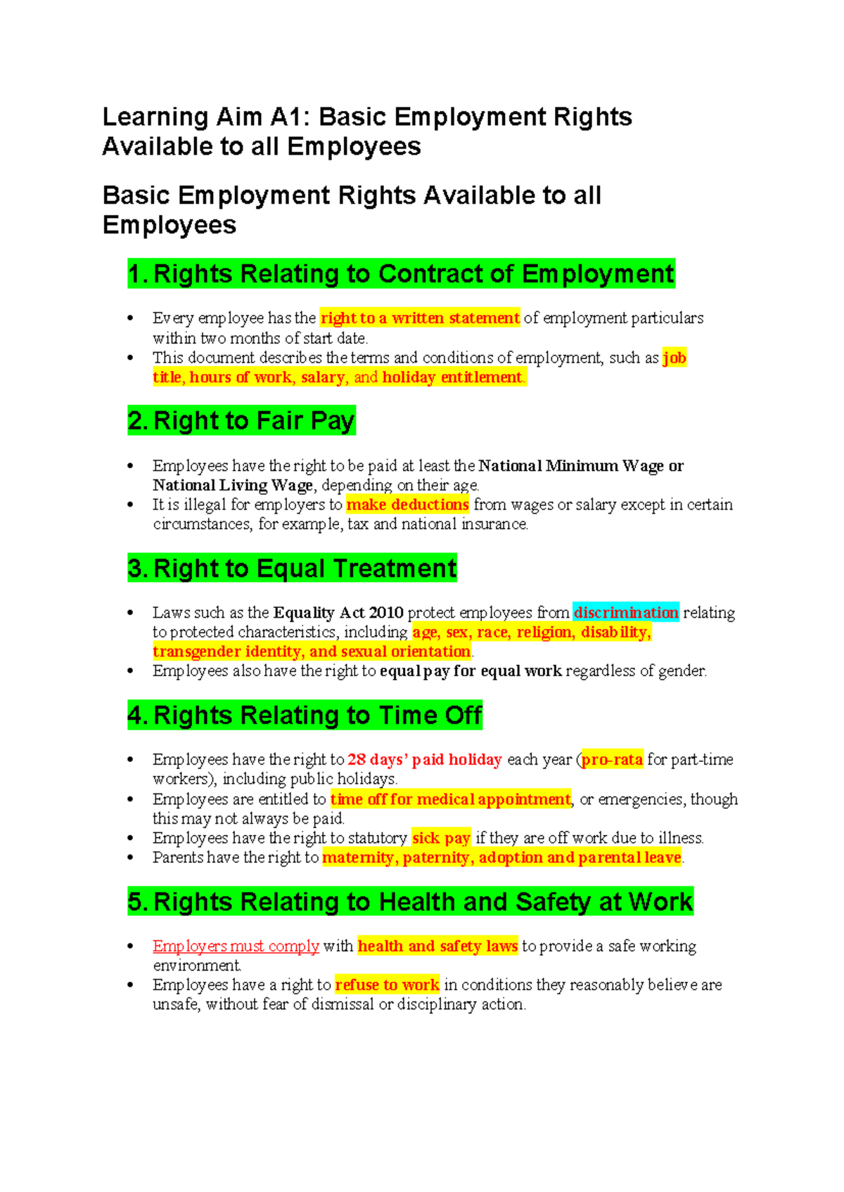 Learning Aim A1: Overview of Basic Employment Rights for Employees ...