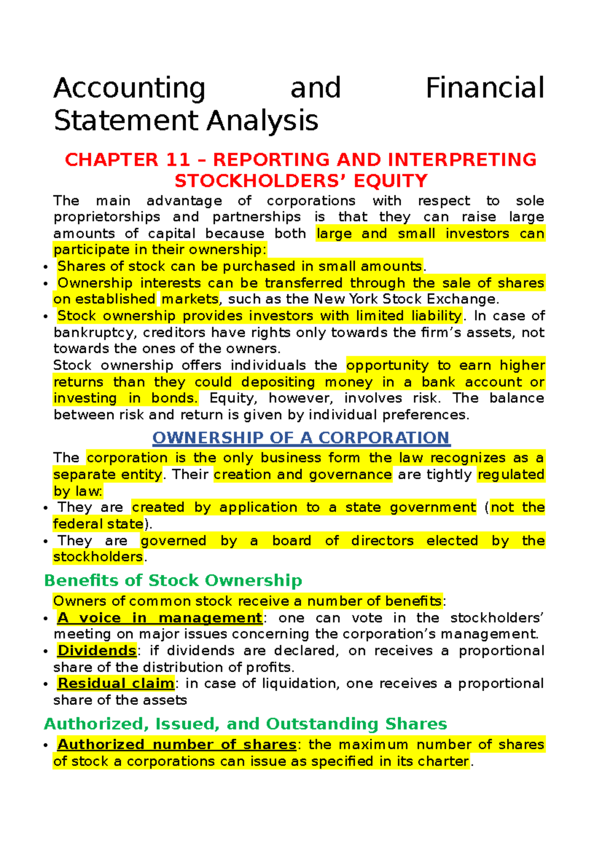 Accounting 2 - Lecture Notes on Stockholders' Equity & Financial ...