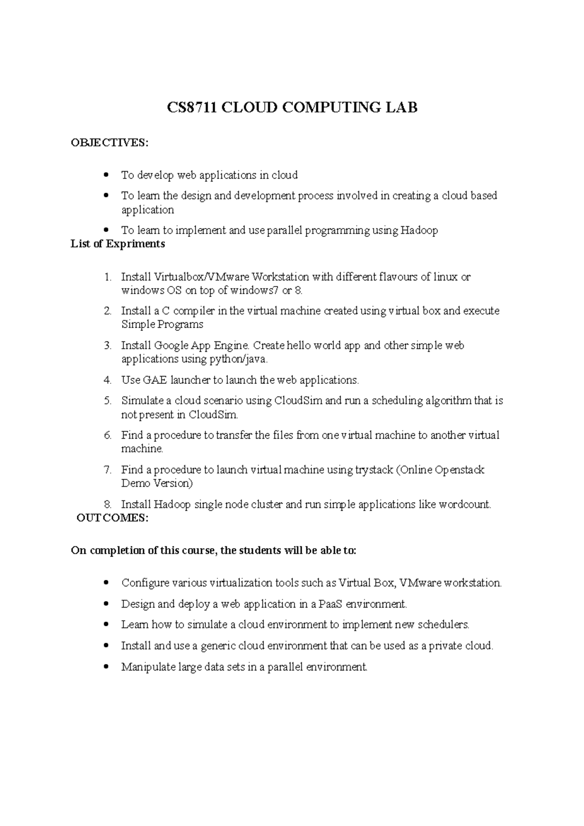 CS8711 Cloud Computing Lab - Experiment Tasks and Objectives - Studocu