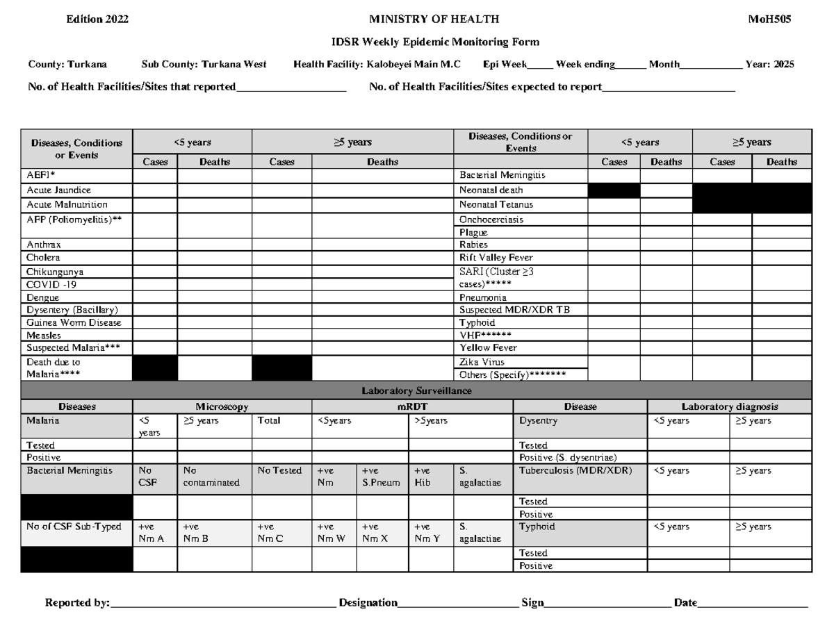 Moh505 - Disease Surveillance Report for Health Facilities (2025) - Studocu
