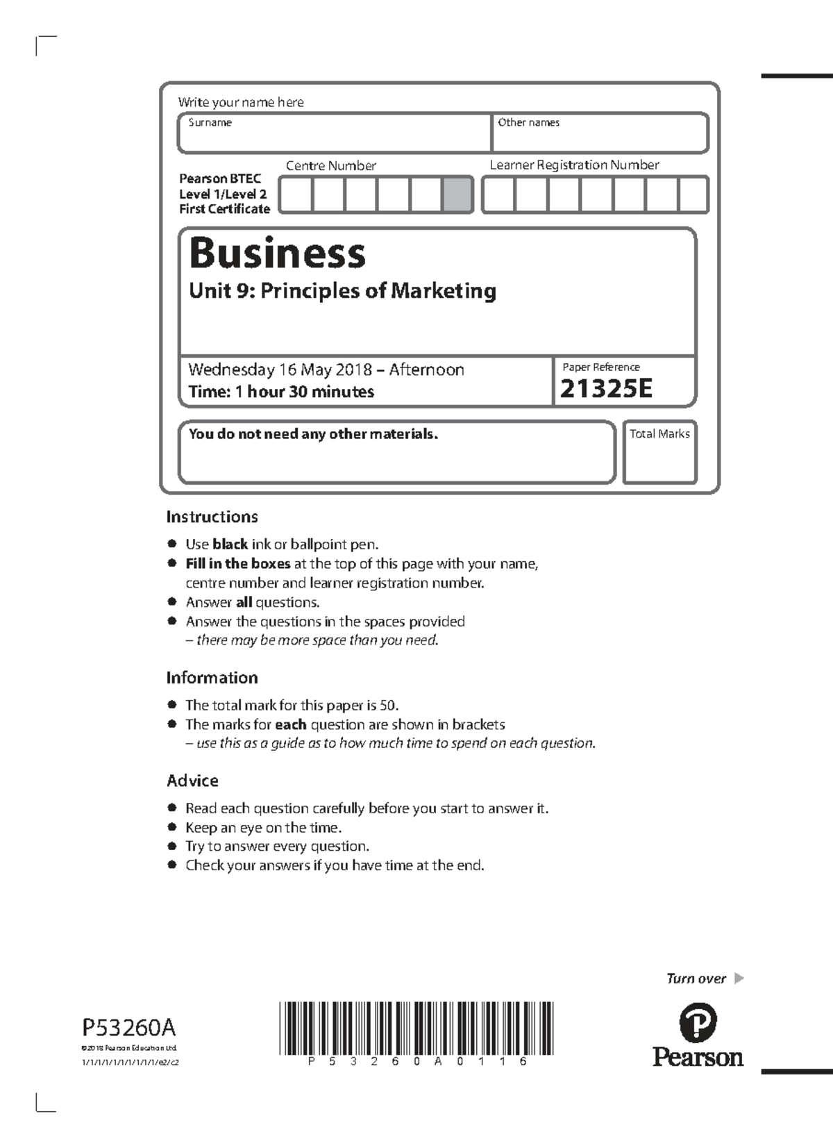 BTEC Level 2 Business Unit 9: Principles of Marketing Exam Paper - May ...