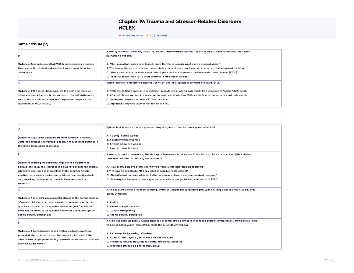 Chapter 19: Trauma and Stressor-Related Disorders NCLEX Flashcards ...