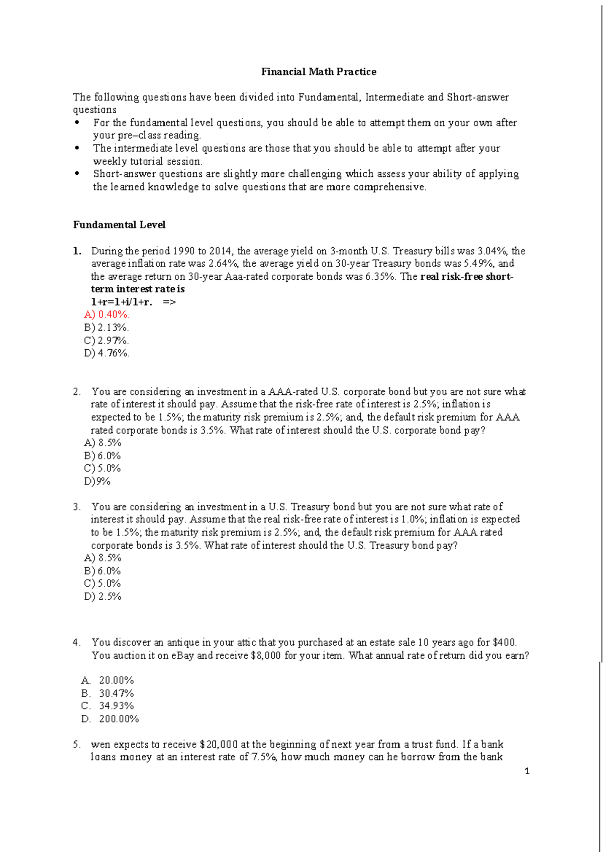 Financial Math Practice Questions: Fundamental & Intermediate Levels ...