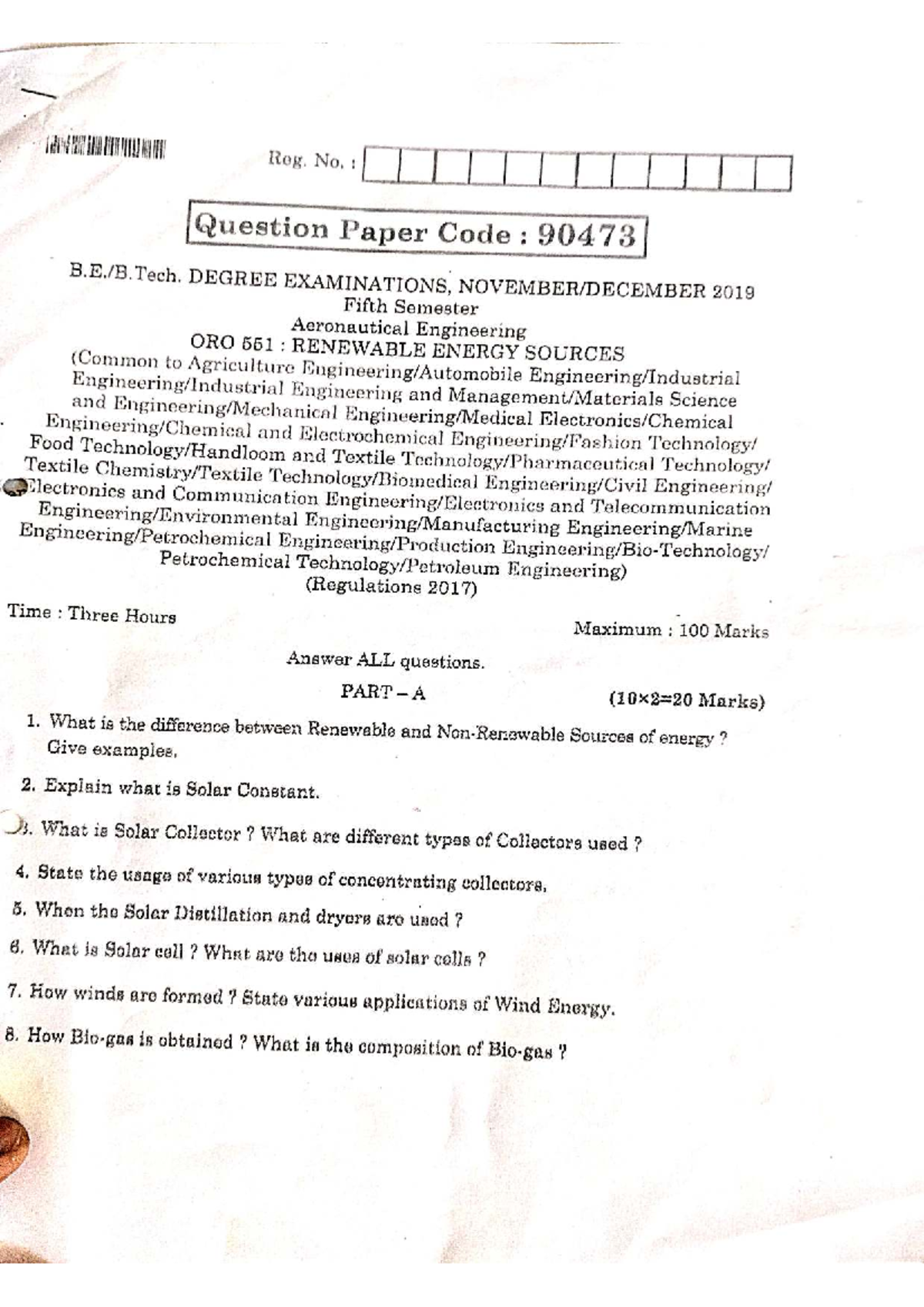 ORO 551: Renewable Energy Sources - Degree Exam QP 2019 - Studocu