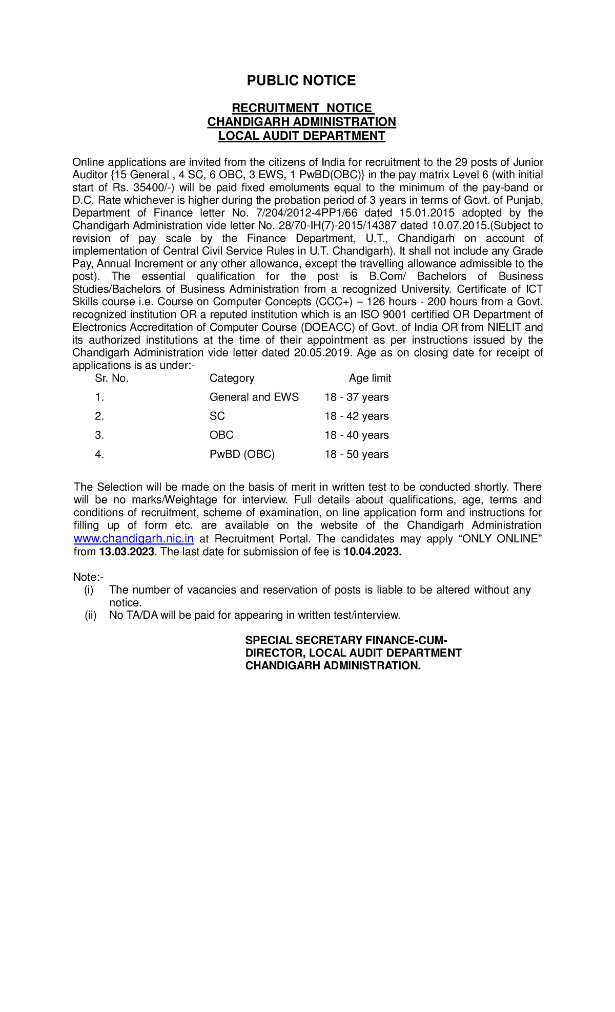 Chandigarh Administration Recruitment Notice for Junior Auditors - Studocu