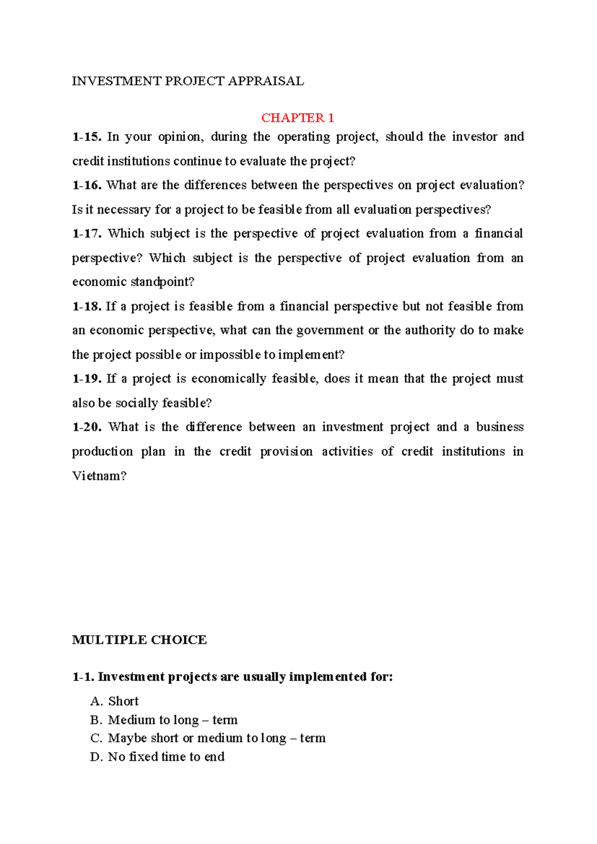 Chapter 1: Investment Project Appraisal Insights and Evaluations - Studocu