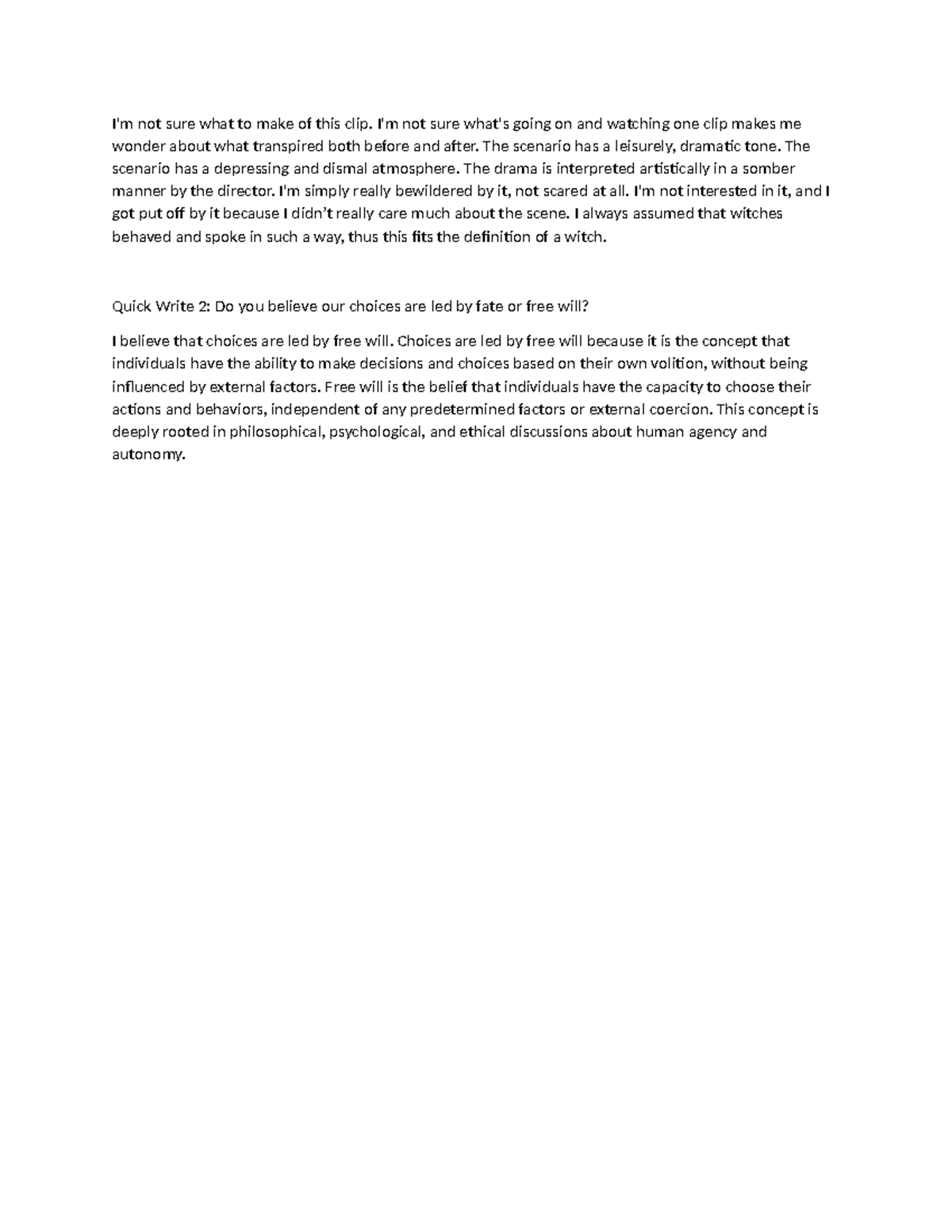 ELA Quick Write: Exploring Fate vs. Free Will in Drama - Studocu