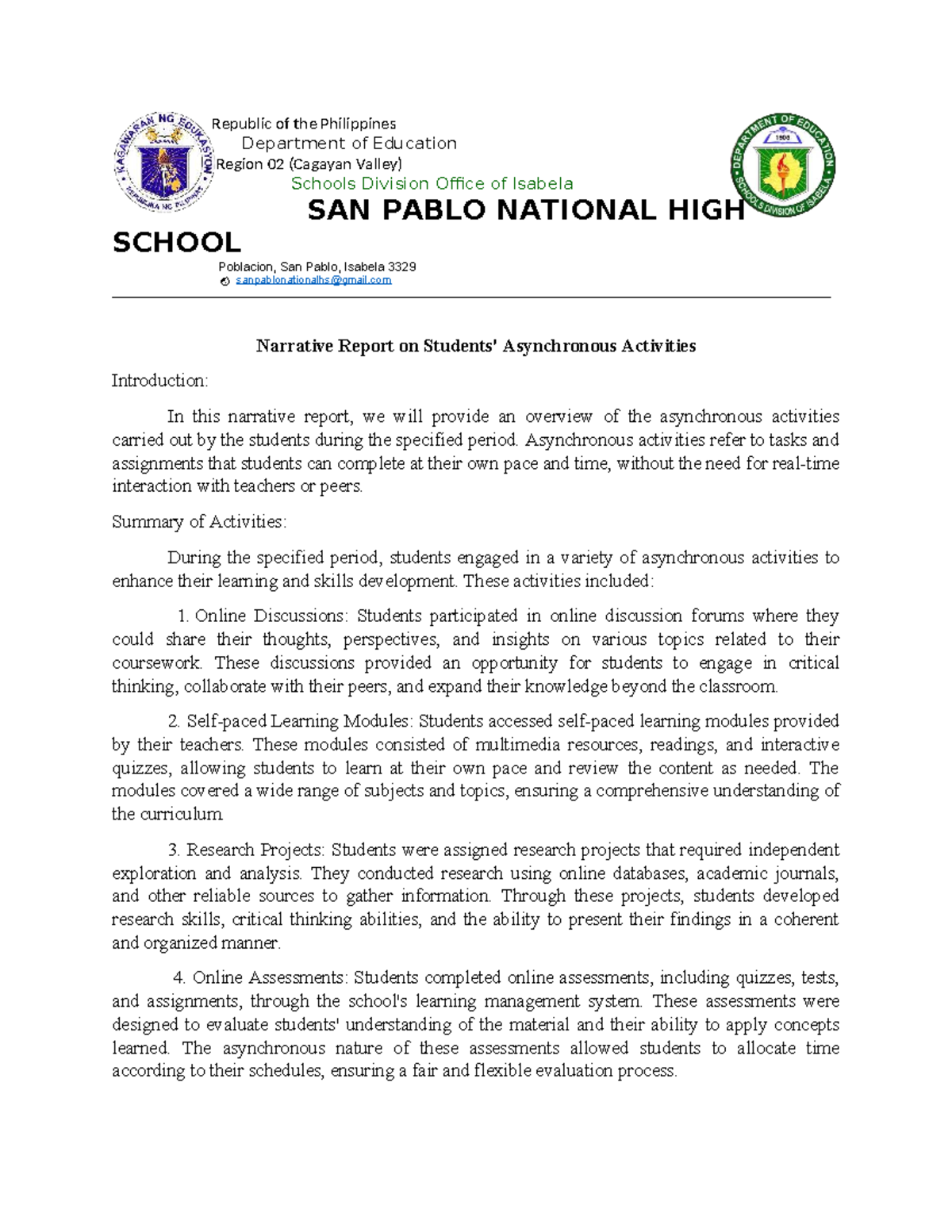 Asynchronous Activities Report for Grade 10 - April 2024 - Studocu