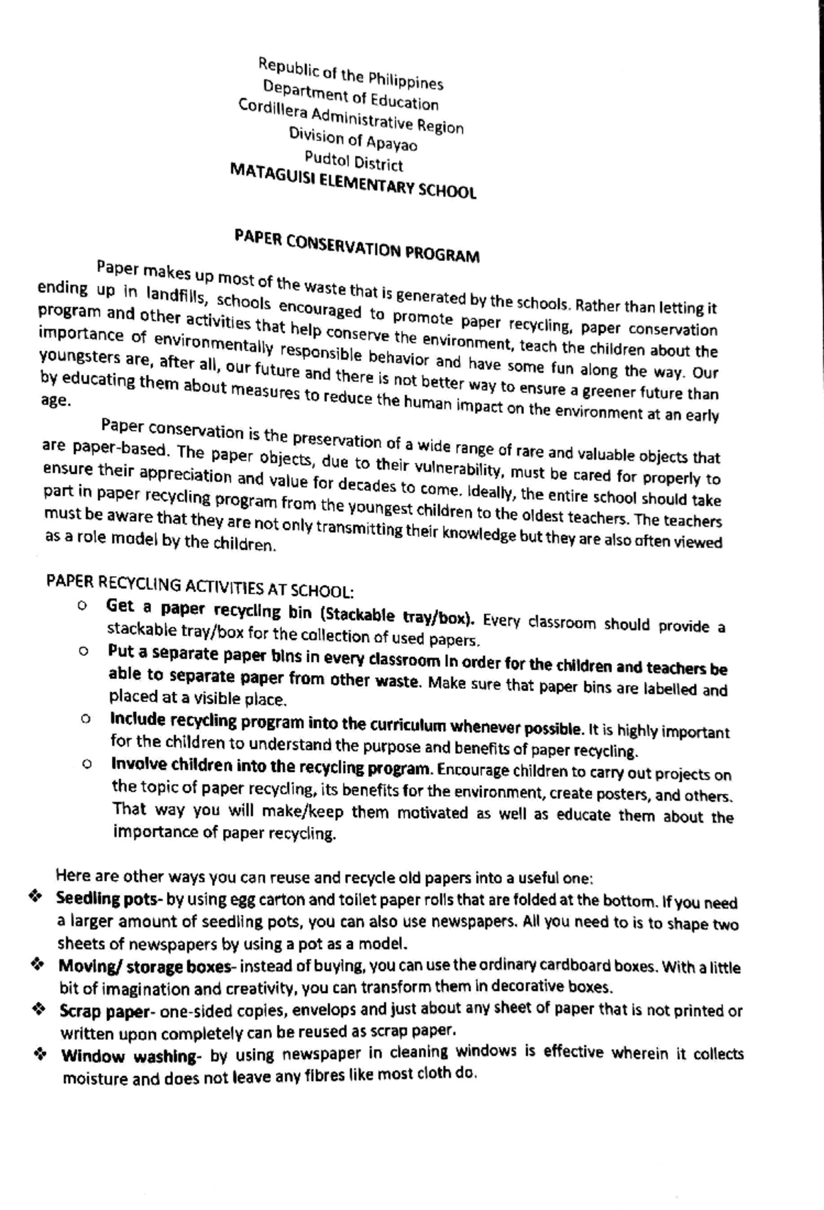 Paper Conservation Program: Initiatives at Mataguisi Elementary School ...
