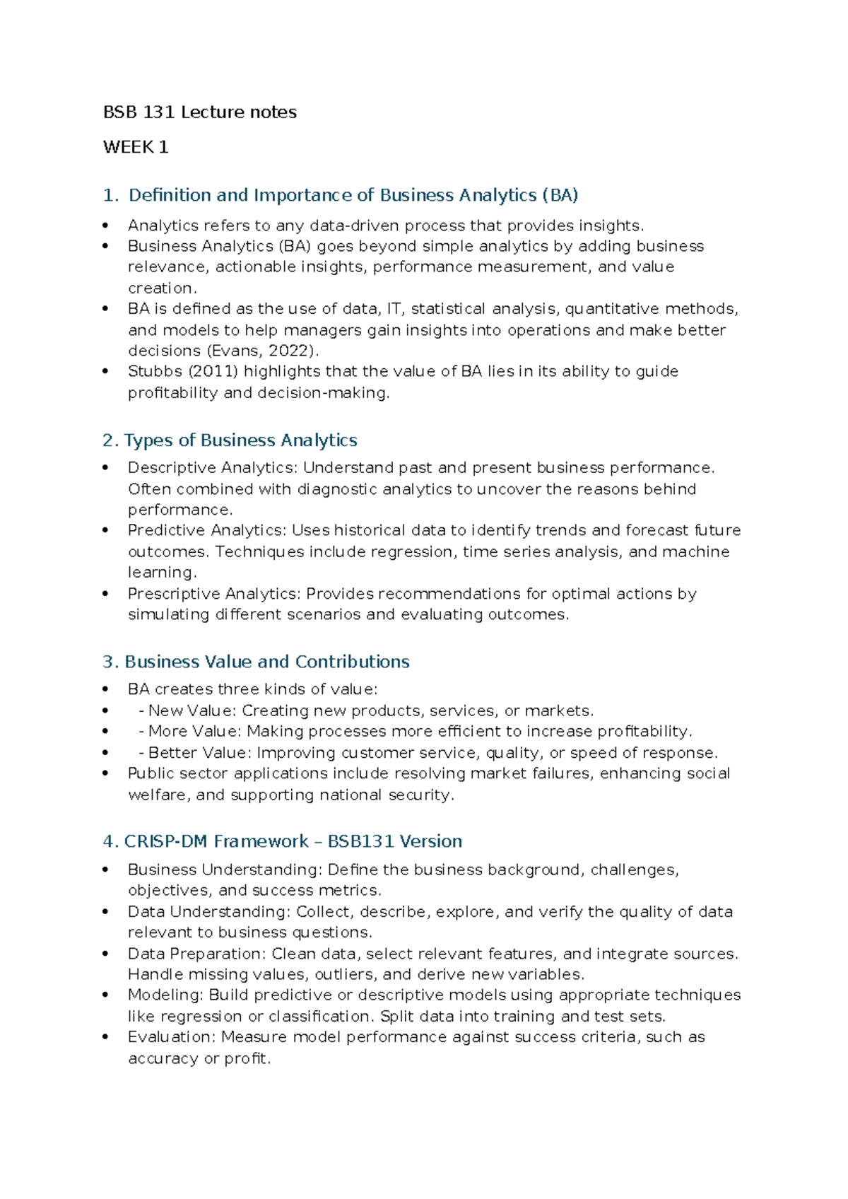 BSB 131 Lecture Notes: Business Analytics Overview and Framework - Studocu