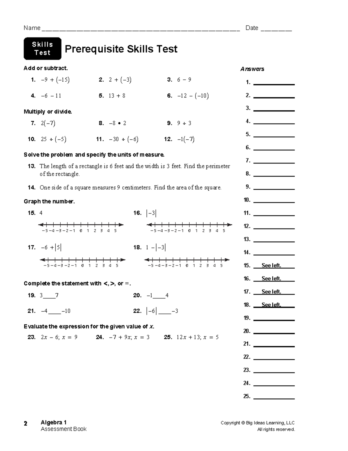 Algebra 1 Prerequisite Skills Assessment Test - Studocu