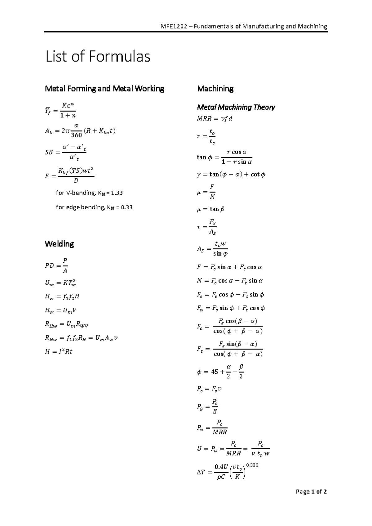 List of Formulae V7 - Lecture Notes - MFE1202 – Fundamentals of ...