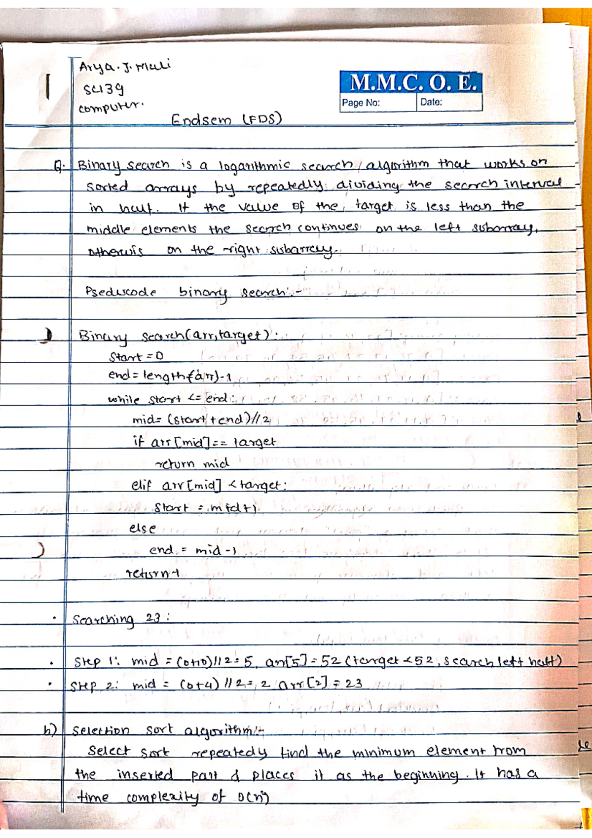 SC139 Endsem (FDS) Notes: Binary Search, Selection Sort & Quick Sort ...