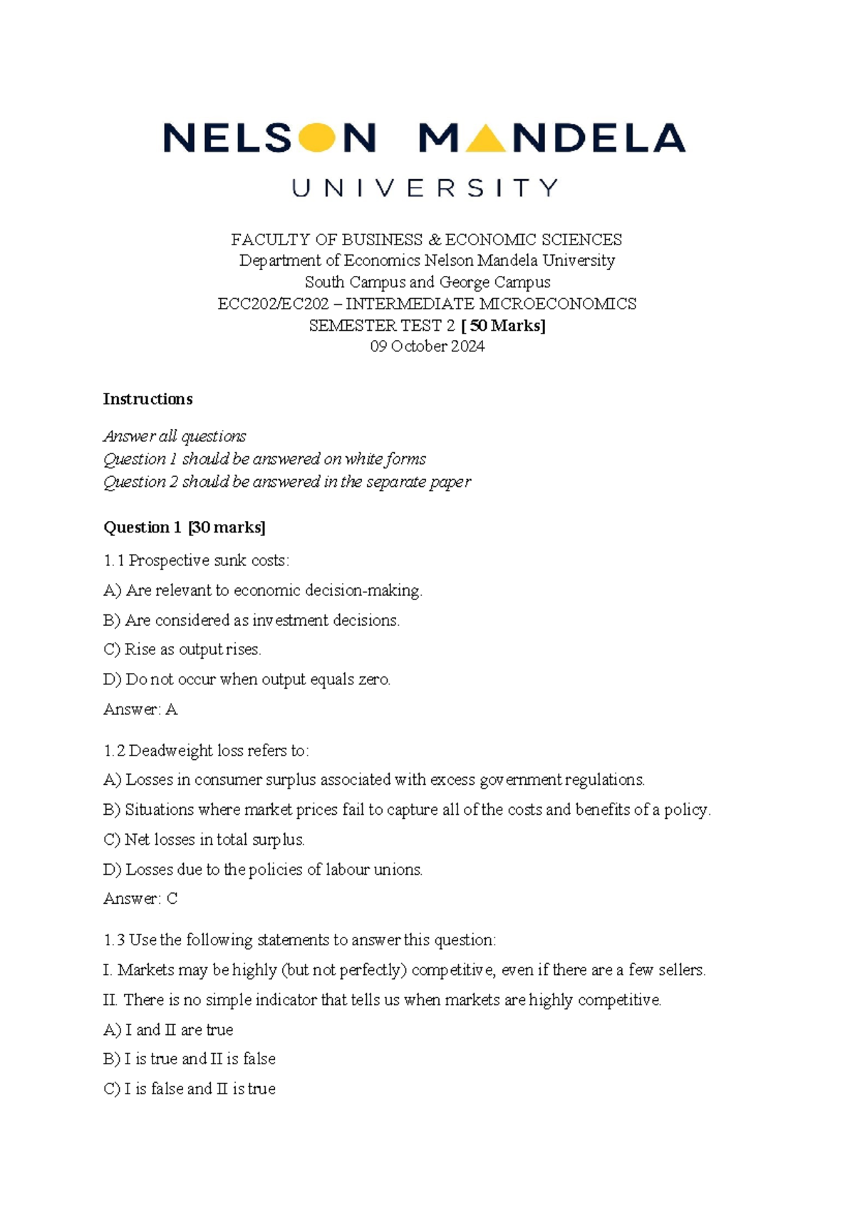 ECC202 Intermediate Microeconomics Test 2 Questions & Memo 2024 - Studocu