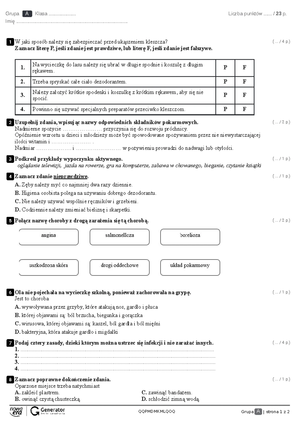 Sprawdzian Przyroda Kl 4 Ciało Człowieka www.studocu.com