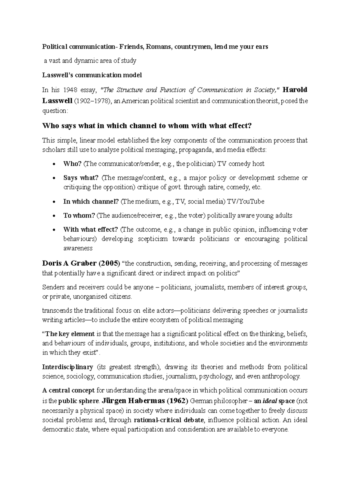Unit 1 POL 101 - Notes on Political Communication Models and Effects ...