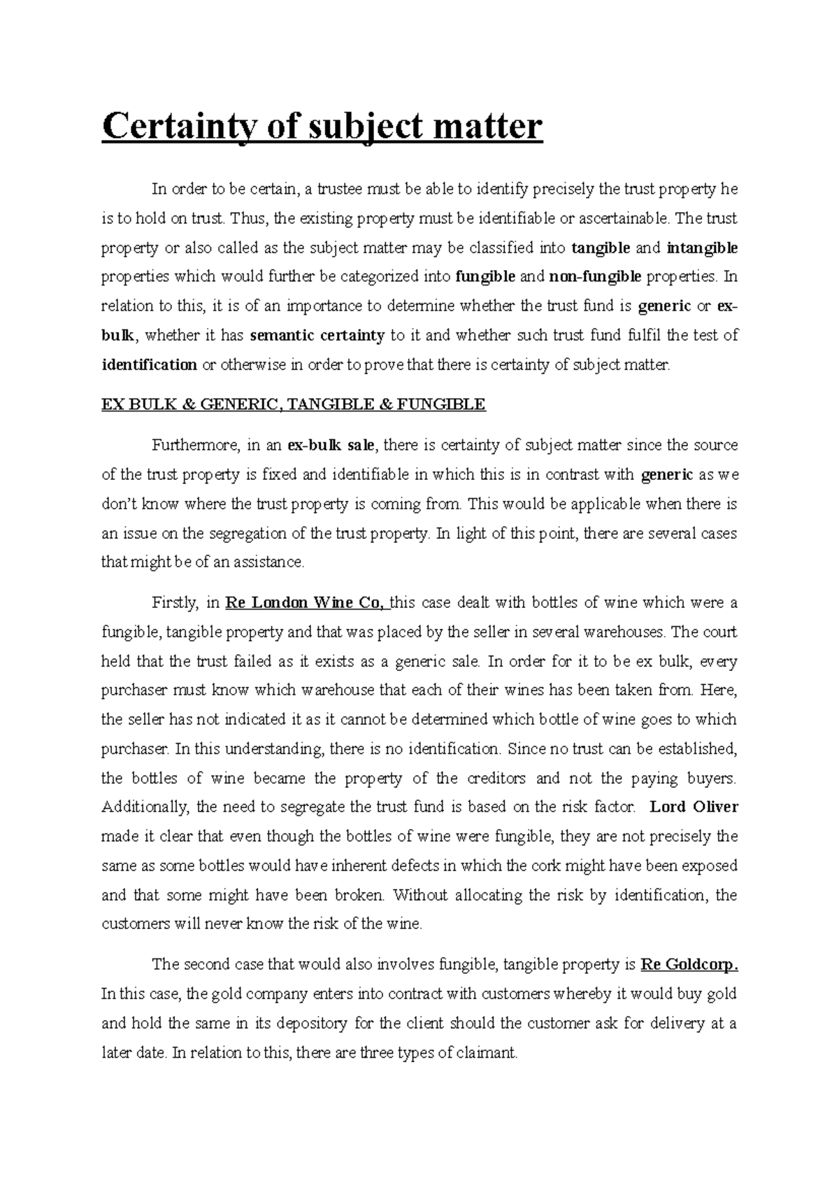 Certainty of Subject Matter in Trust Law: Key Case Analysis - Studocu