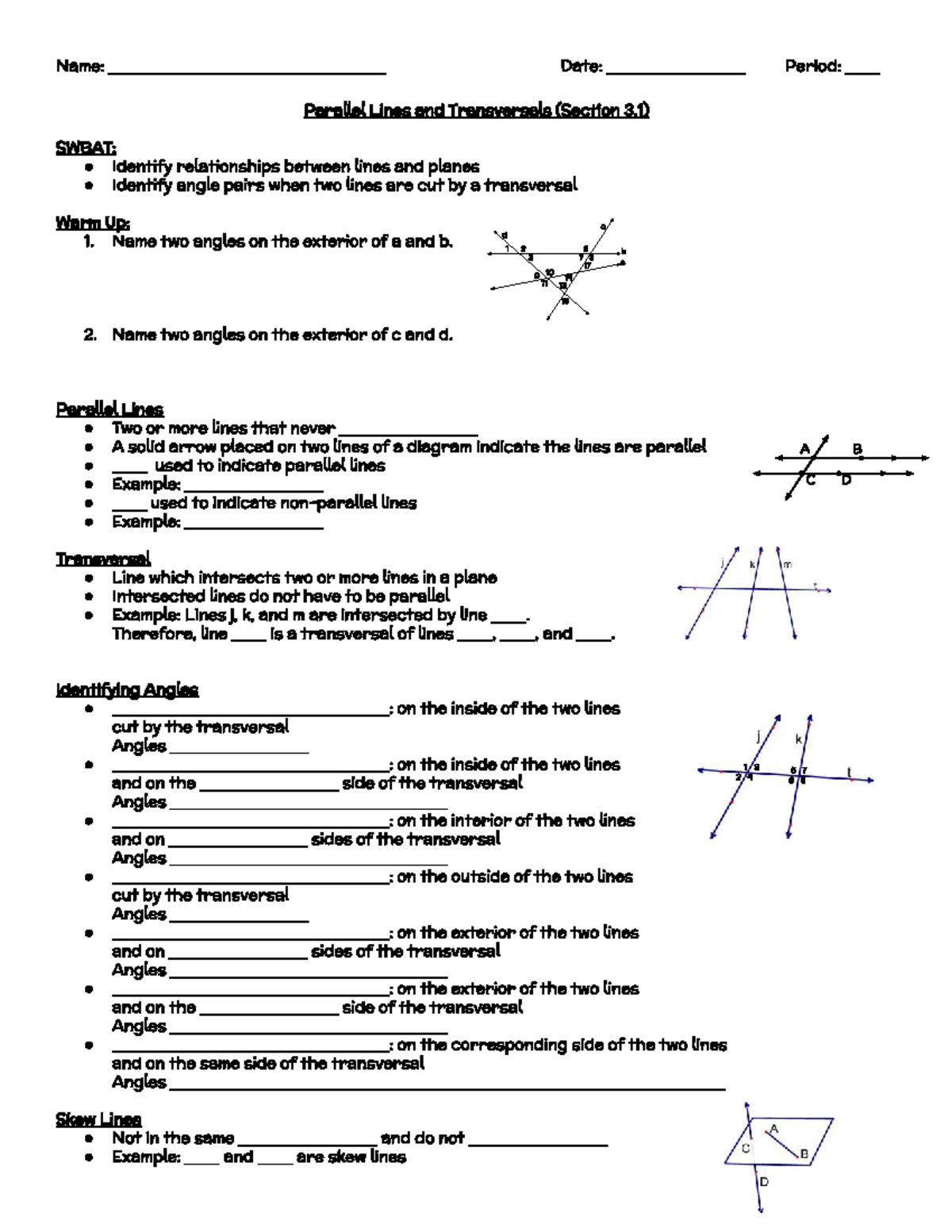 Parallel Lines and Transversals Guided Notes (Section 3.1) - Studocu
