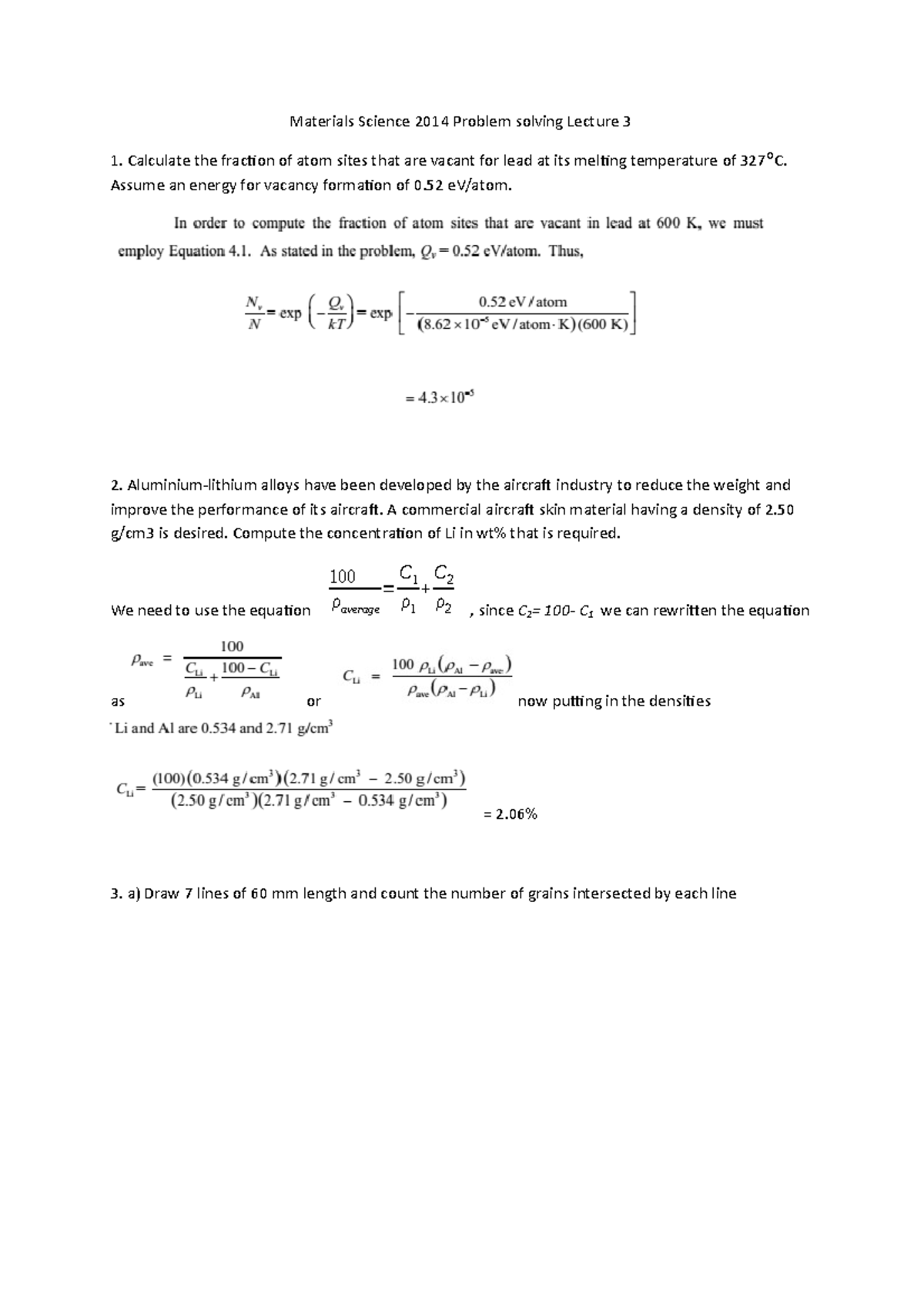 Materials Science 2014 Problem Solving Lecture 3 Solutions - Studeersnel