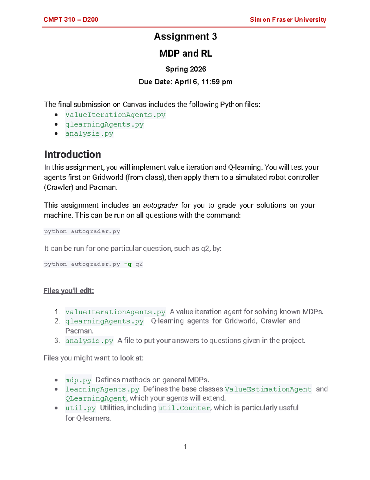 CMPT 310 D200 SFU Assignment 3: MDP & RL Implementation Guide - Studocu