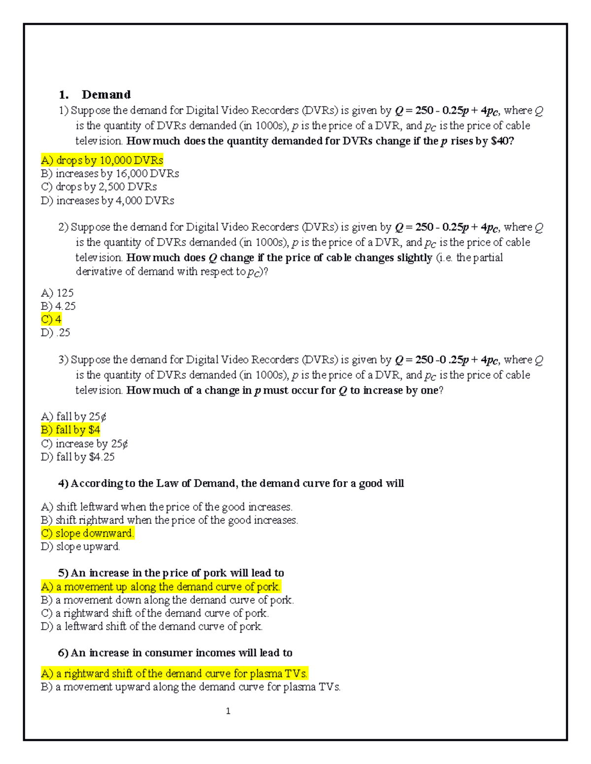 Econ 101 - Exercise 1: Demand Analysis and Solved Problems - Studocu