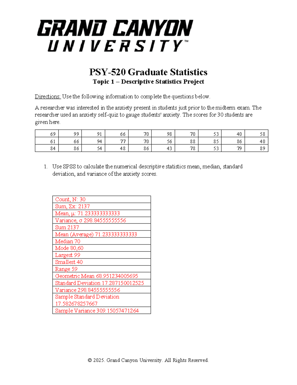 PSY520 Descriptive Statistics Project on Student Anxiety Scores - Studocu
