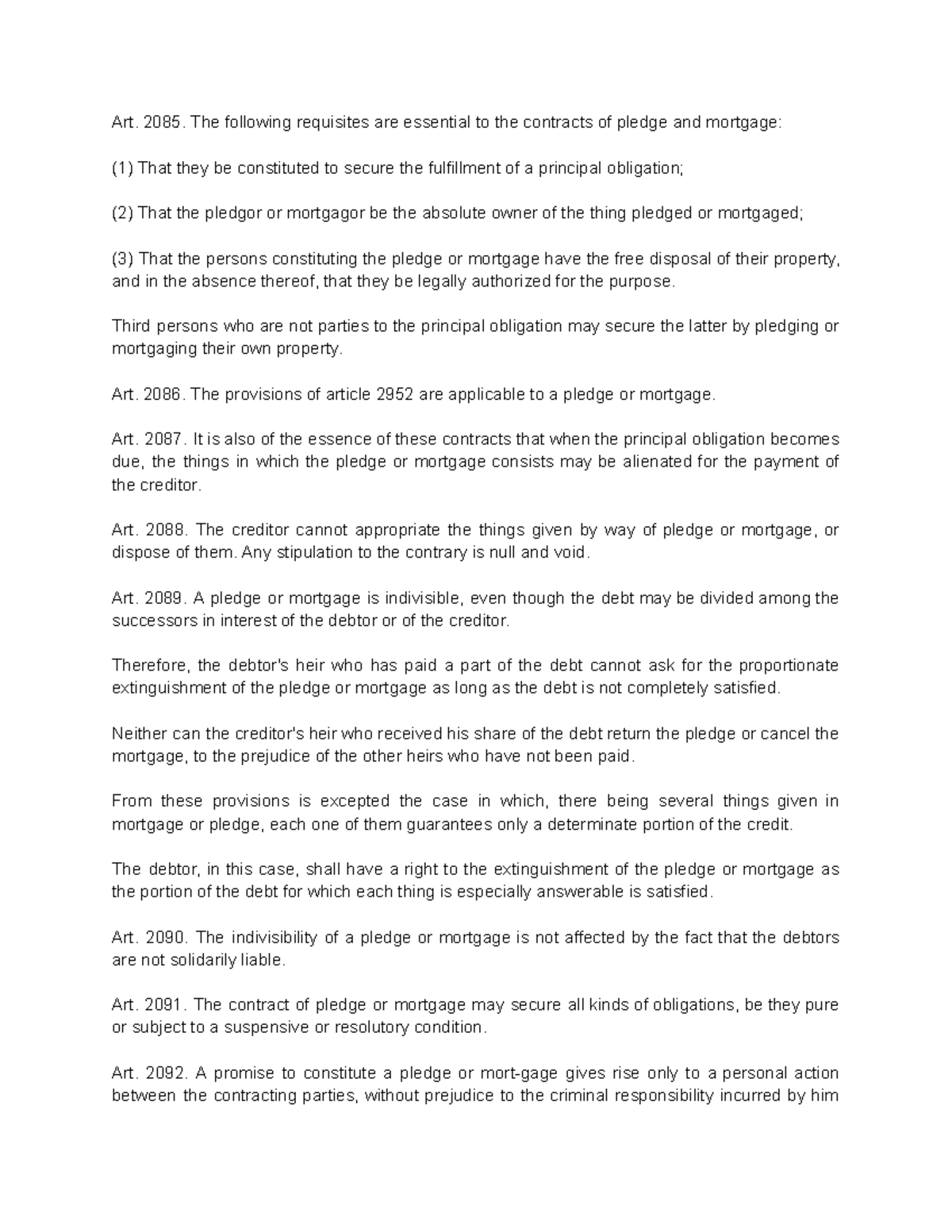 Credit Transactions - Notes on Pledge and Mortgage (Art. 2085-2141 ...
