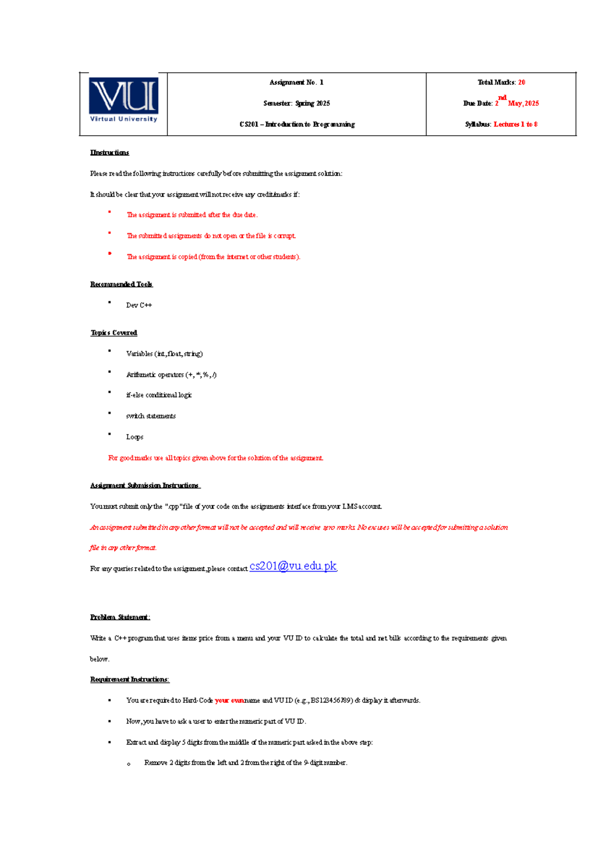 CS201 Assignment 1: Programming Task for Spring 2025 - Studocu