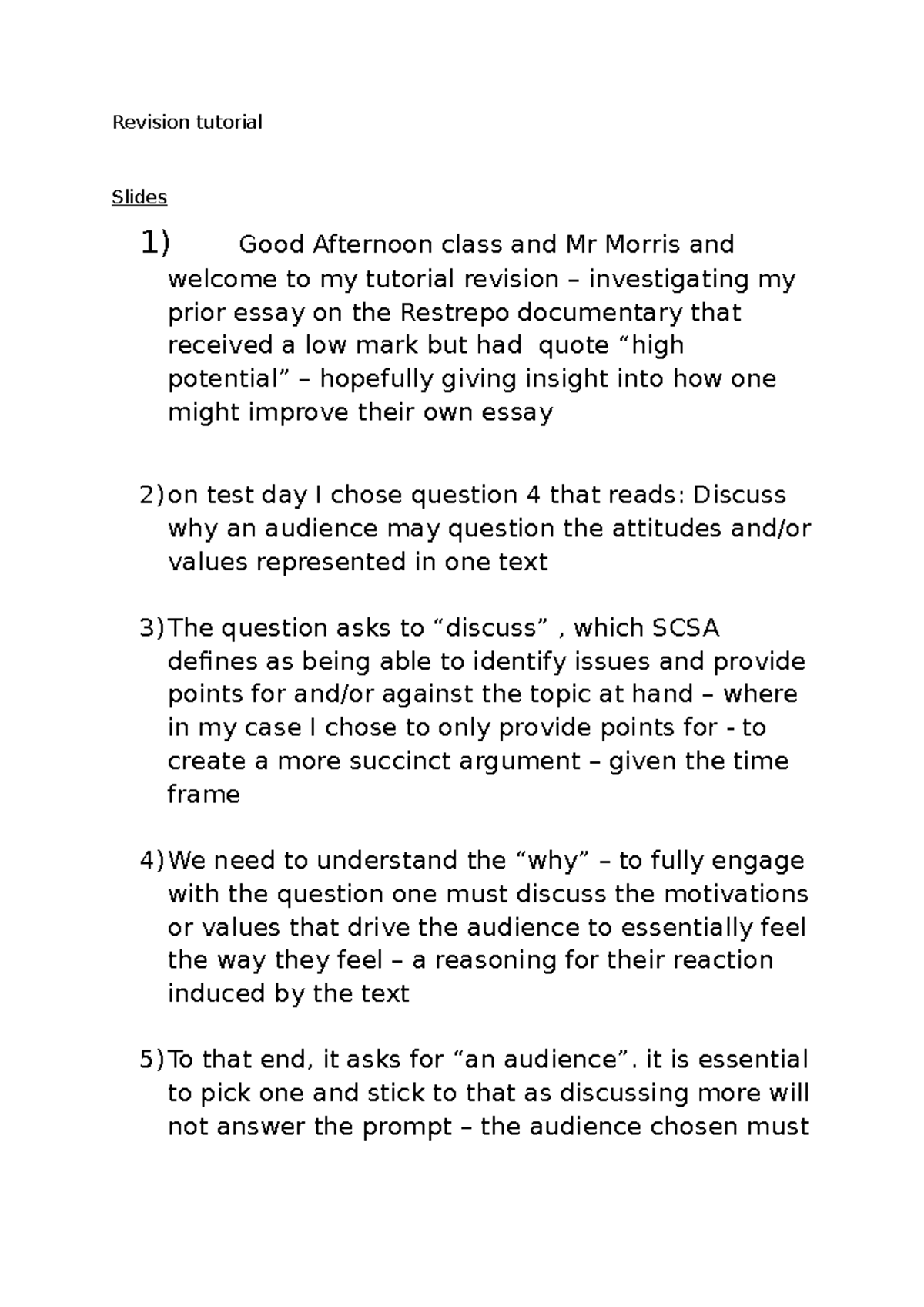 Revision Tutorial Notes on Essay Improvement for Restrepo Documentary ...