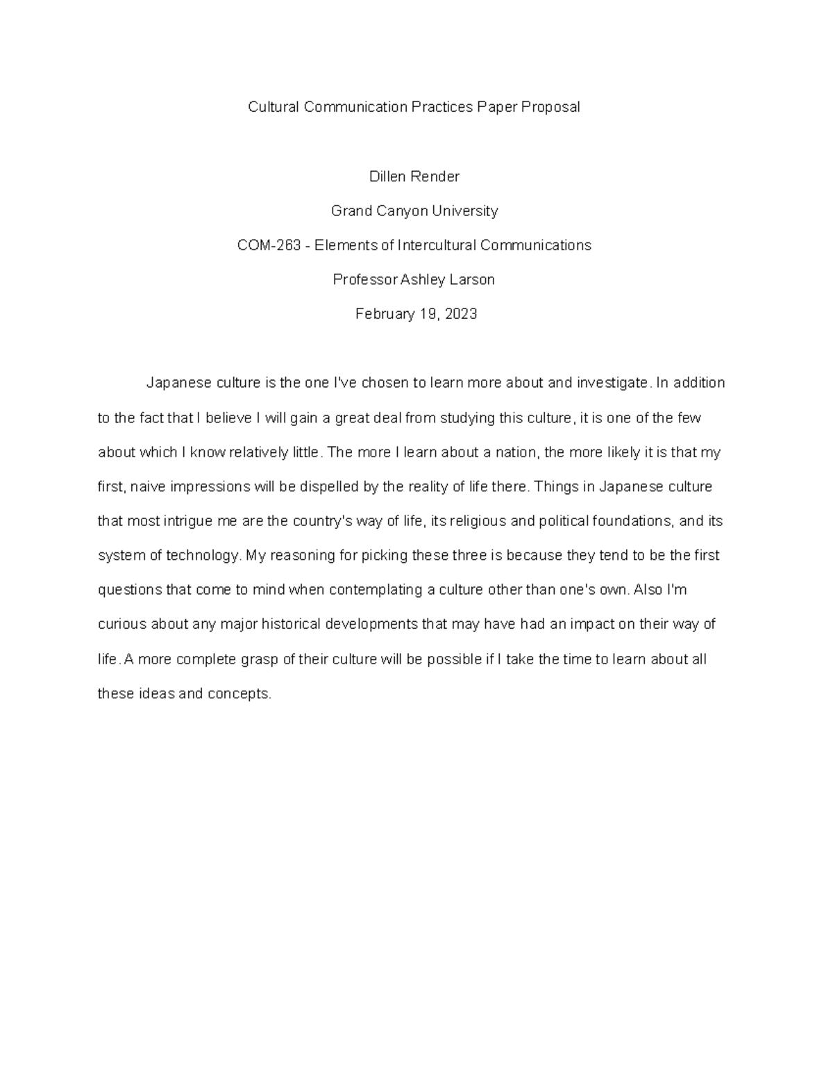 COM-263 Cultural Communication Practices Paper Proposal on Japan - Studocu