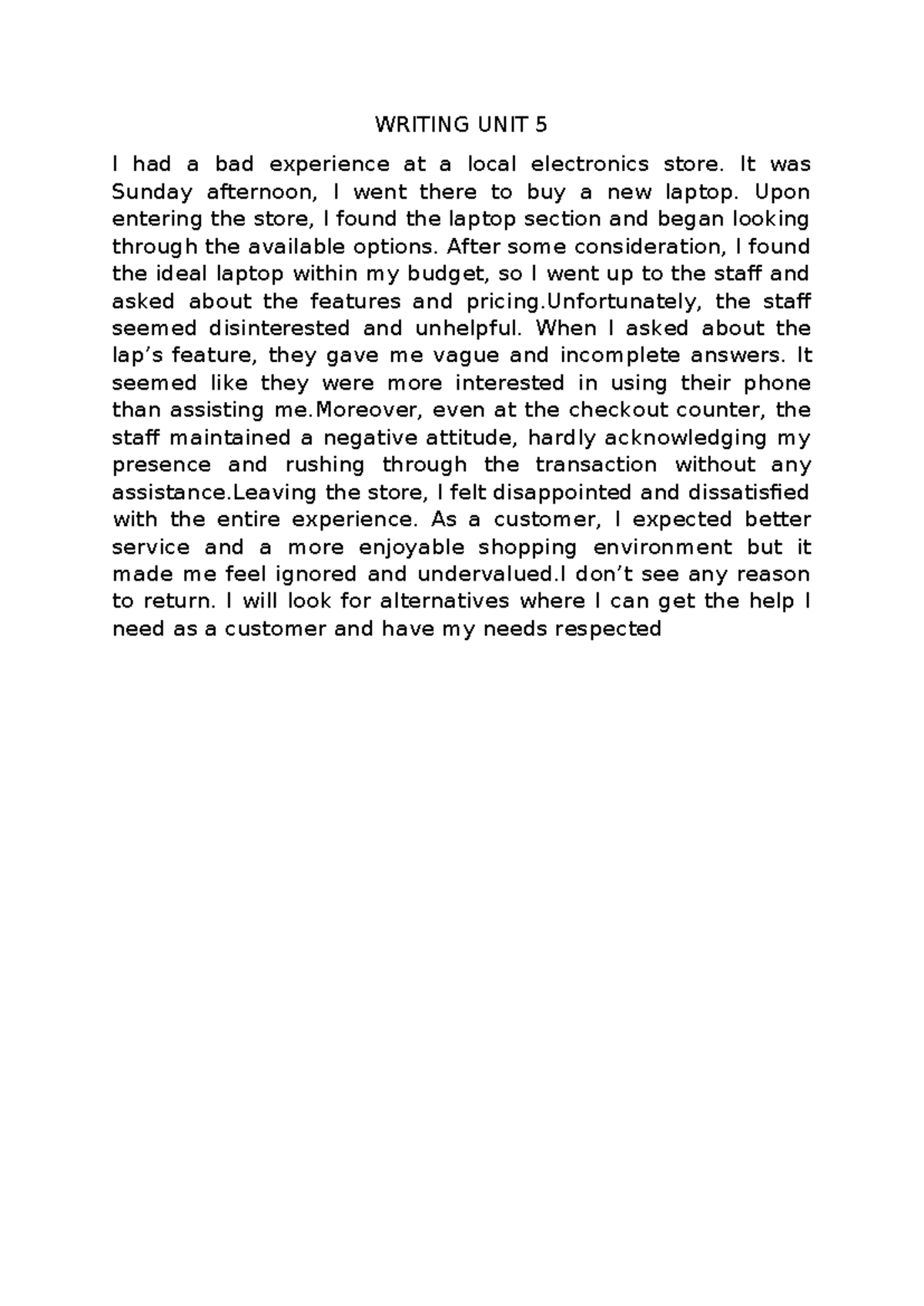 Writing Unit 5 My Disappointing Experience At An Electronics Store