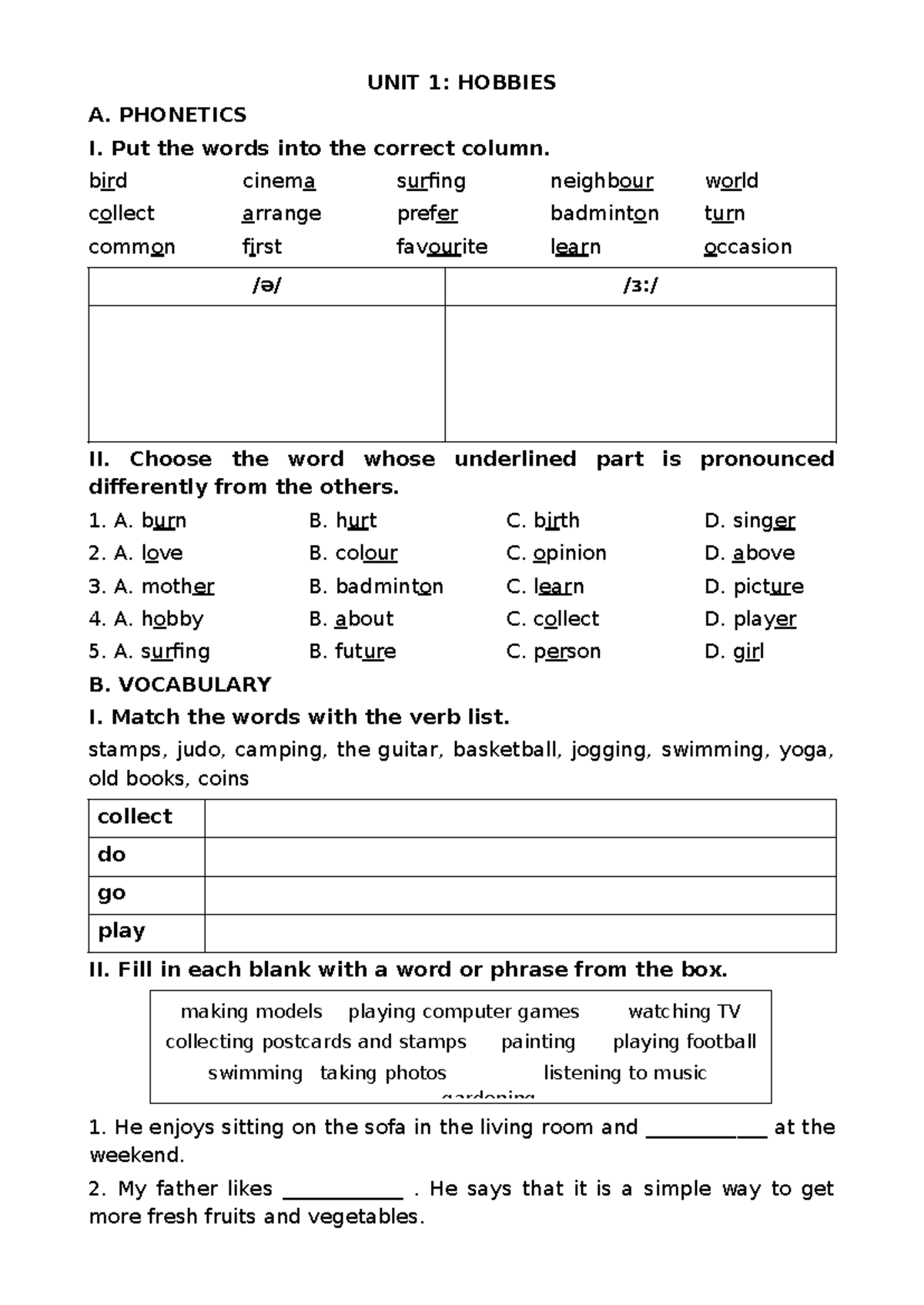 UNIT 1: HOBBIES - PHONETICS & VOCABULARY EXERCISES (Grade 7) - Studocu