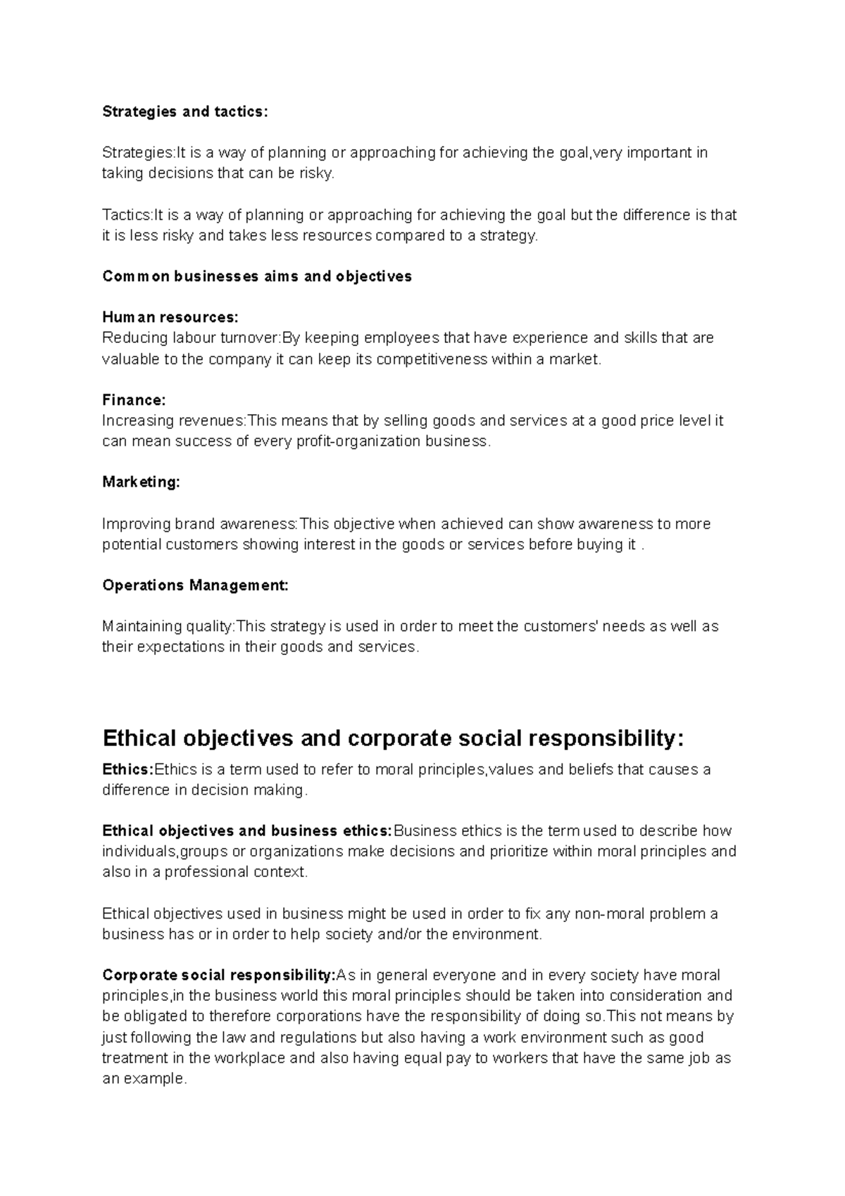 Strategies and Tactics in Business: Goals and Ethical Objectives - Studocu