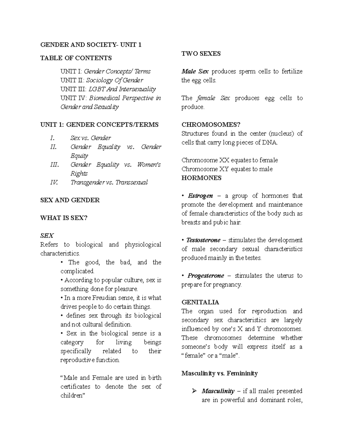 GENDER AND SOCIETY: UNIT 1 - Understanding Gender Concepts and Terms ...