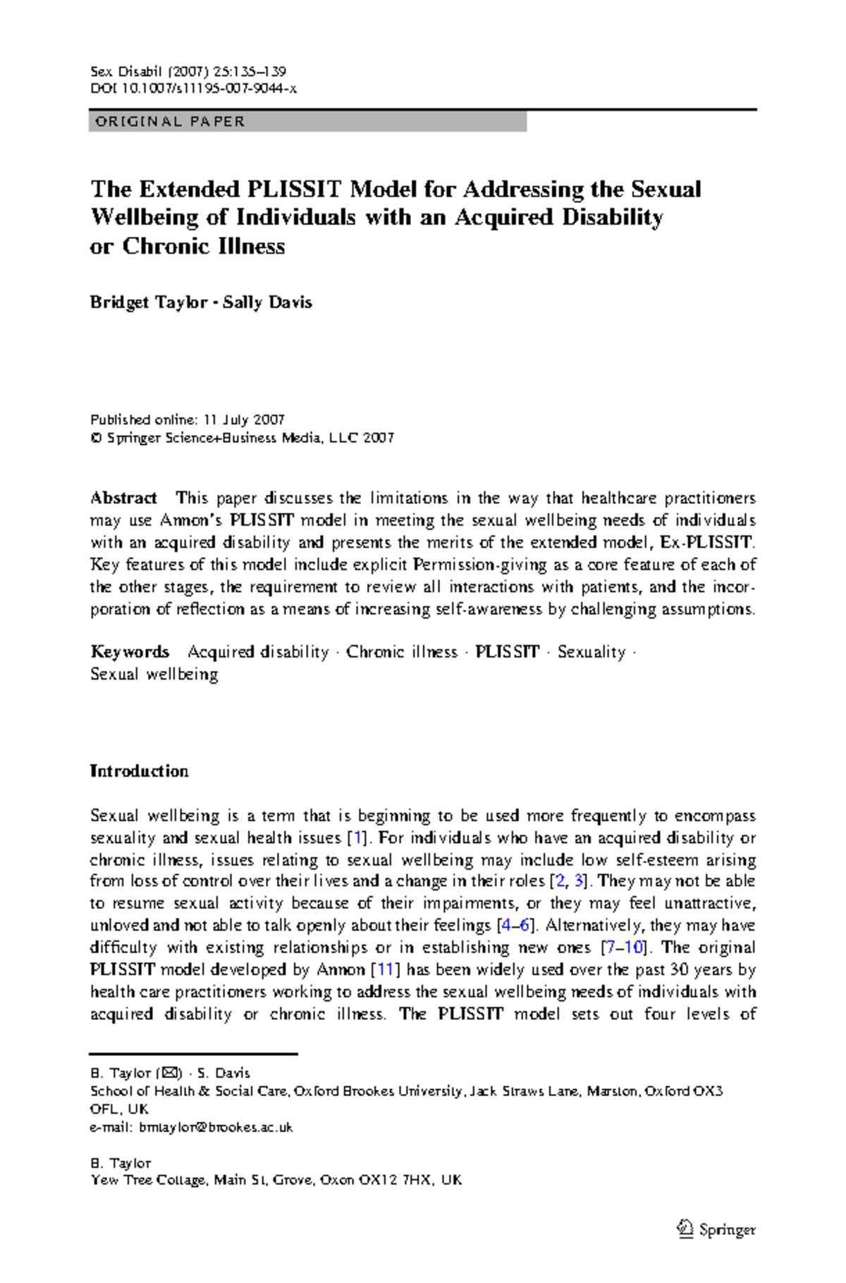 Ex-PLISSIT Model: Enhancing Sexual Wellbeing for Disabilities ...