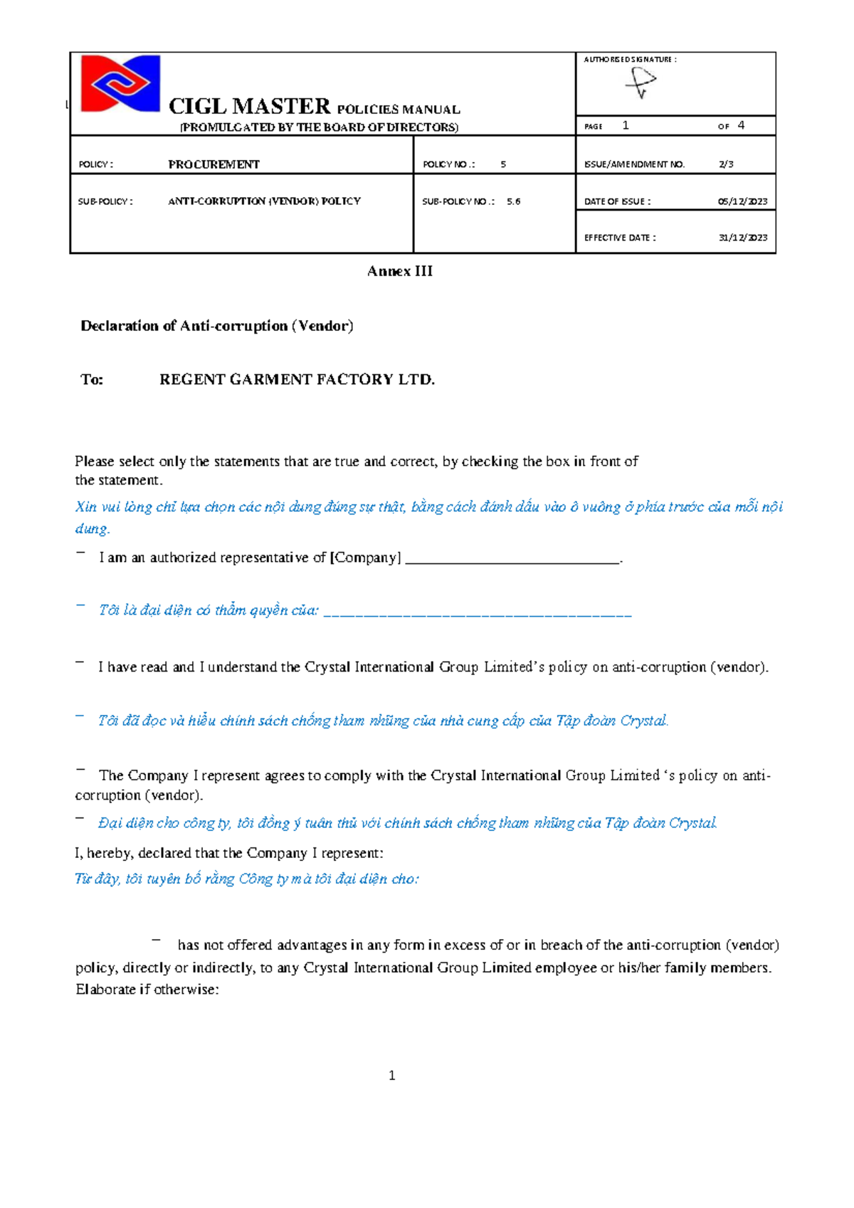 CIGL Procurement Policy Declaration Form (Anti-Corruption Compliance ...