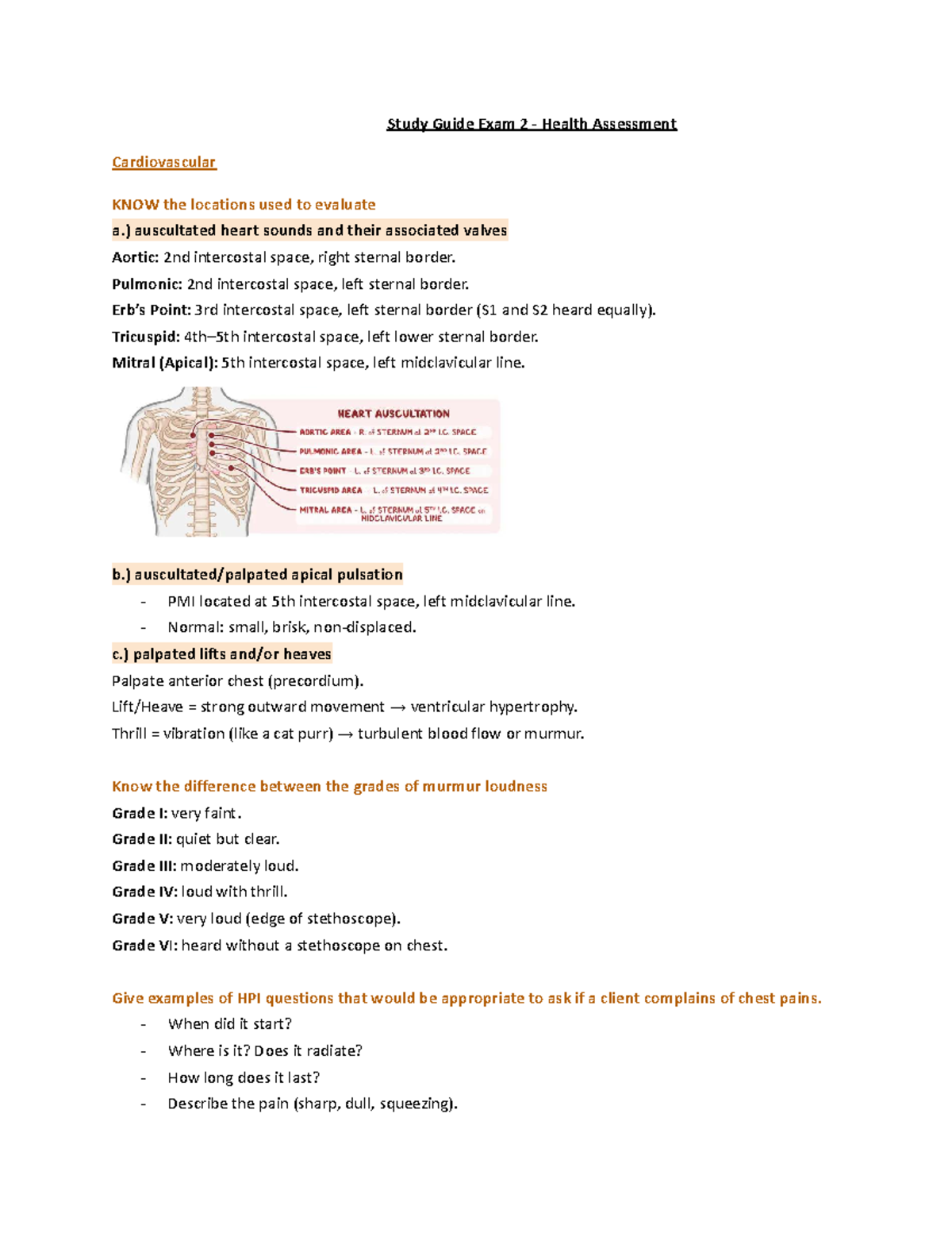 Study Guide Exam 2 - Health Assessment: Cardiovascular Focus - Studocu