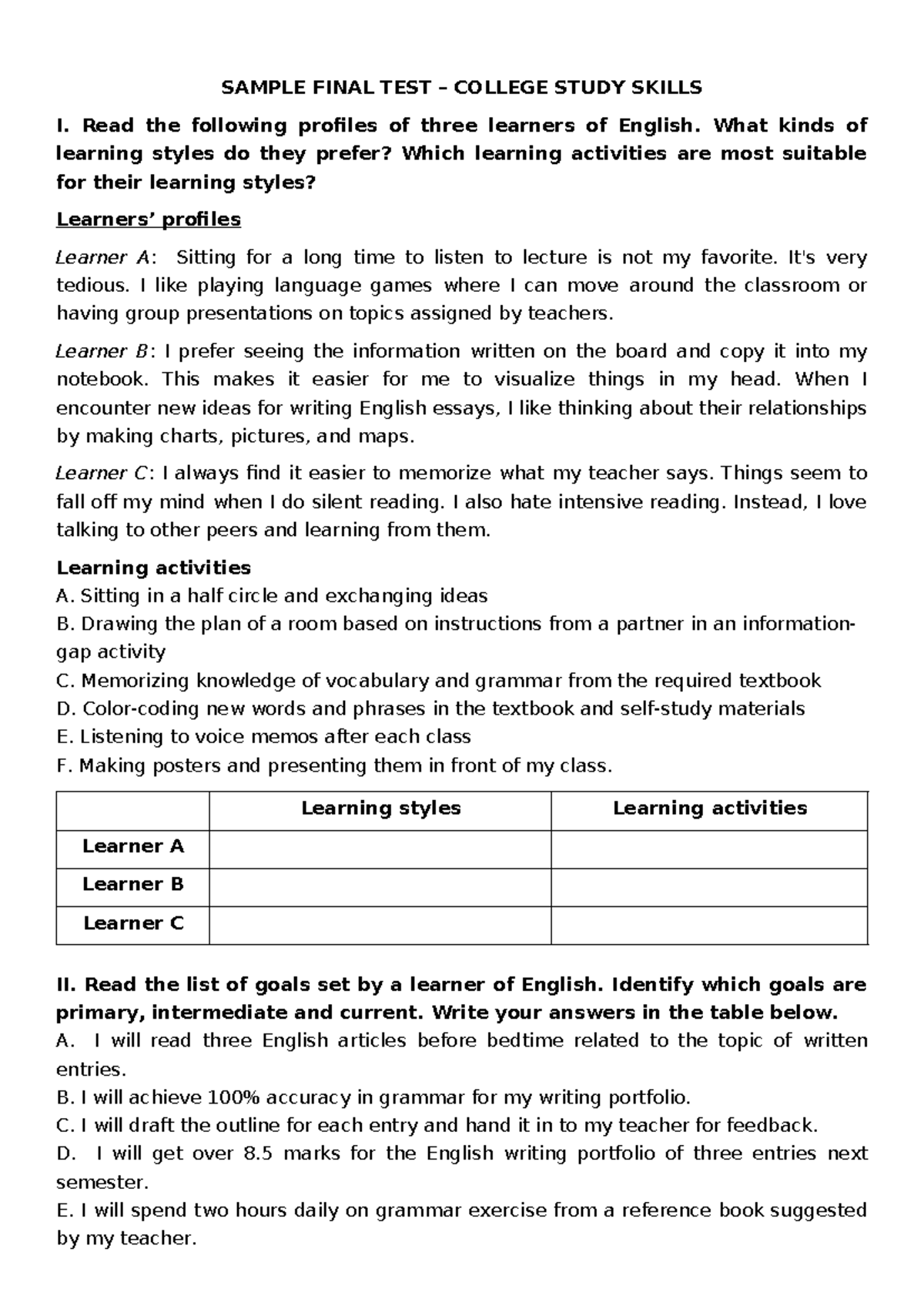 Sample Final Exam - College Study Skills (KNH 101) - Studocu