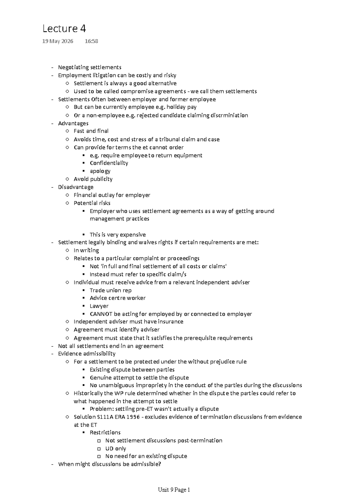 Employment Law Lecture 4 Notes: Negotiating Settlements - Studocu