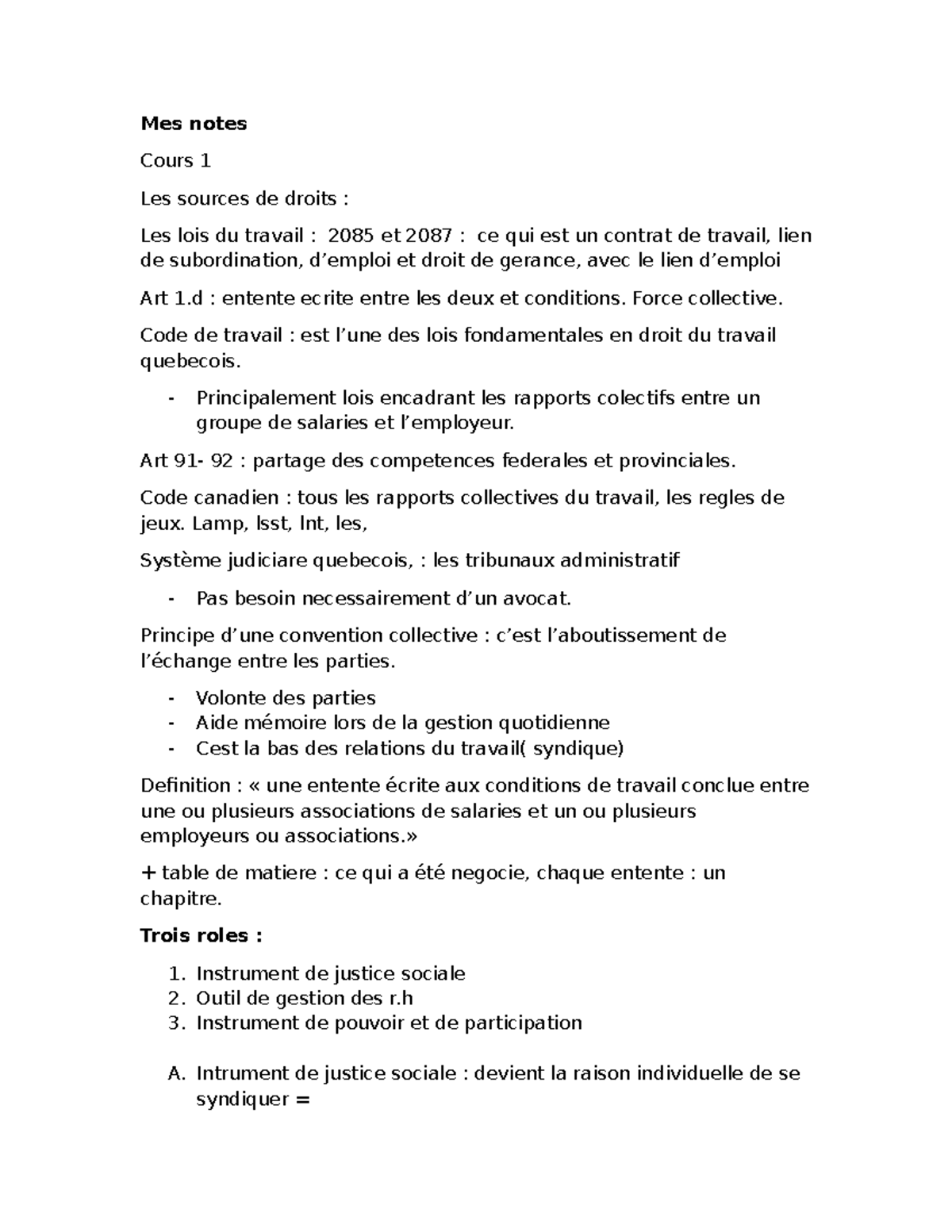 Notes de Cours 1 : Droit du Travail et Conventions Collectives - Studocu