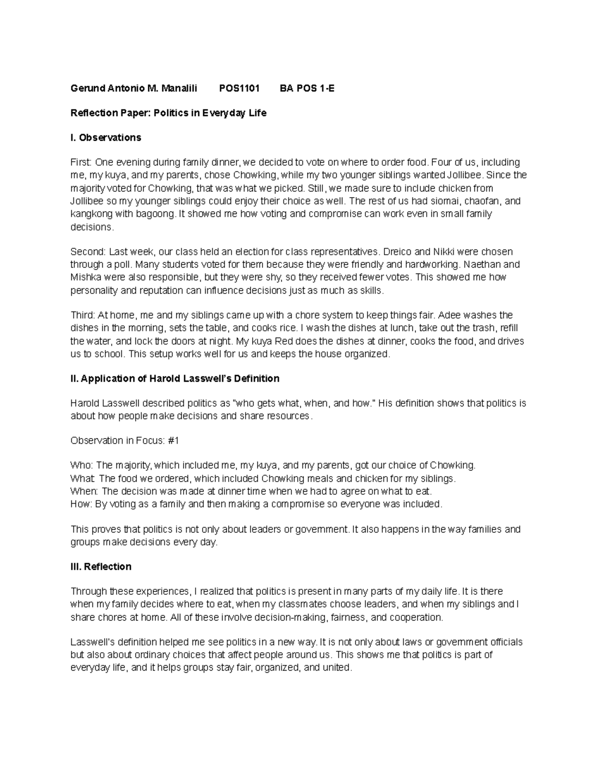 Manalili POS1101 - Reflection Paper: Politics in Daily Life - Studocu