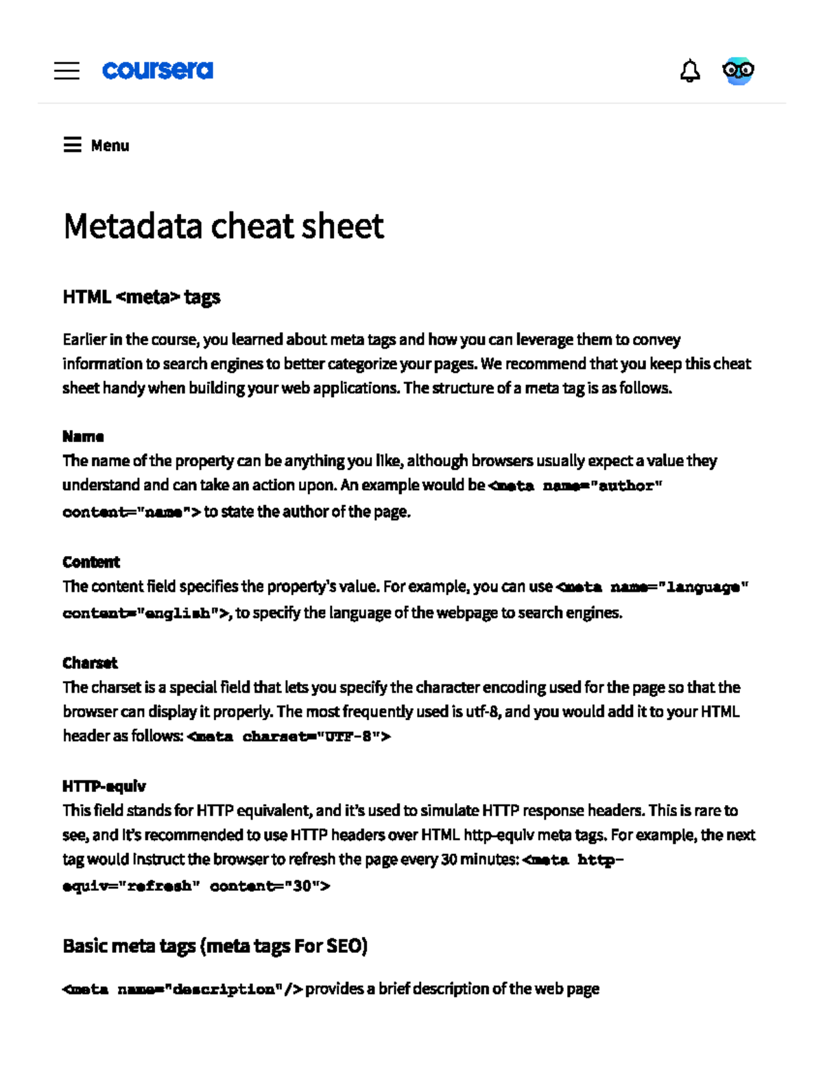 Coursera HTML Meta Tags Cheat Sheet for SEO Optimization - Studocu