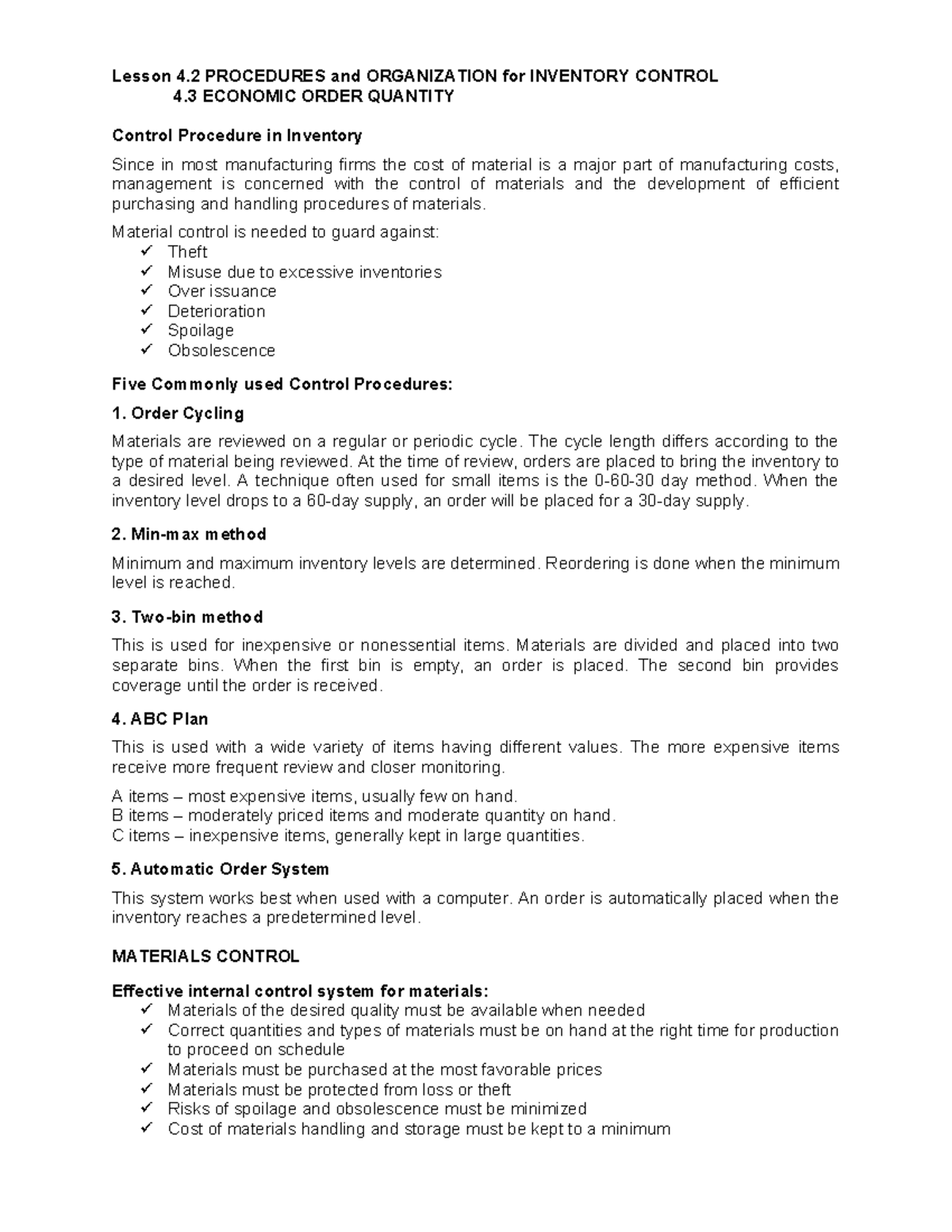 Cost-Lesson 4.2: Procedures & Org for Inventory Control - Studocu