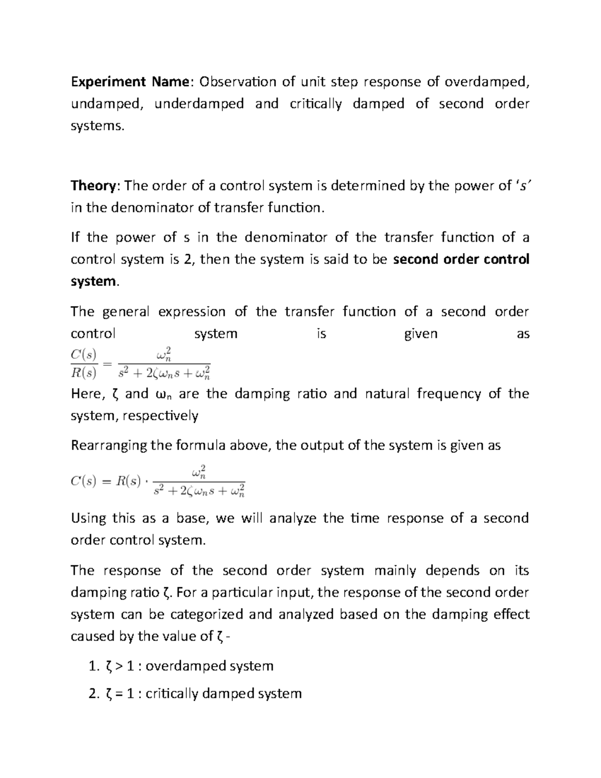 Unit Step Response of Second Order Systems: Damped Analysis Experiment ...