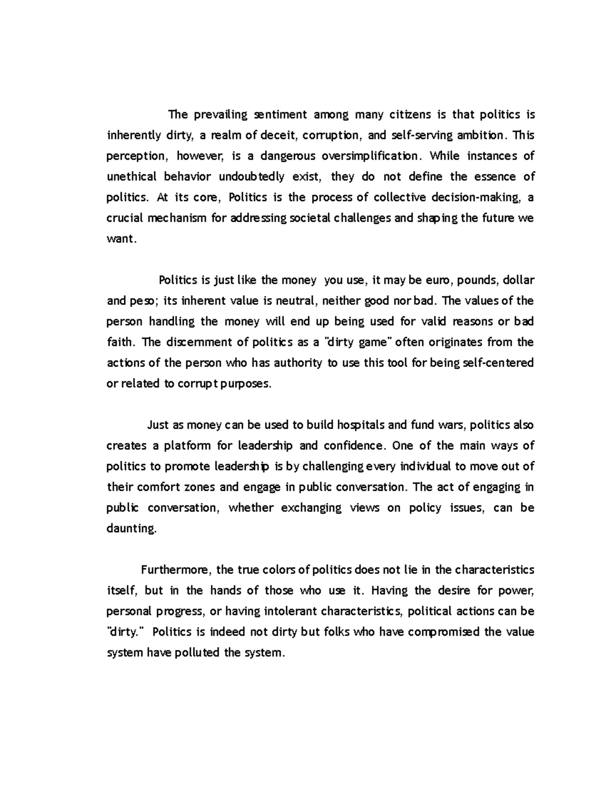 Position Paper on Politics being Dirty - The prevailing sentiment among ...