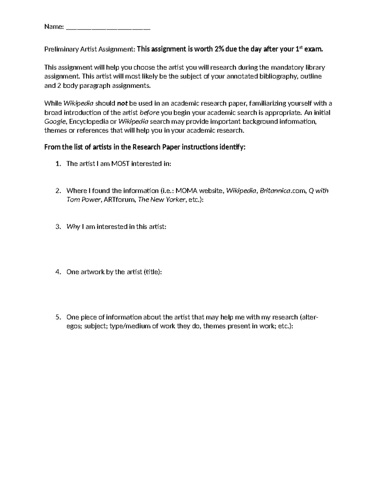 Preliminary Artist Assignment F24: Research & Selection Guide - Studocu