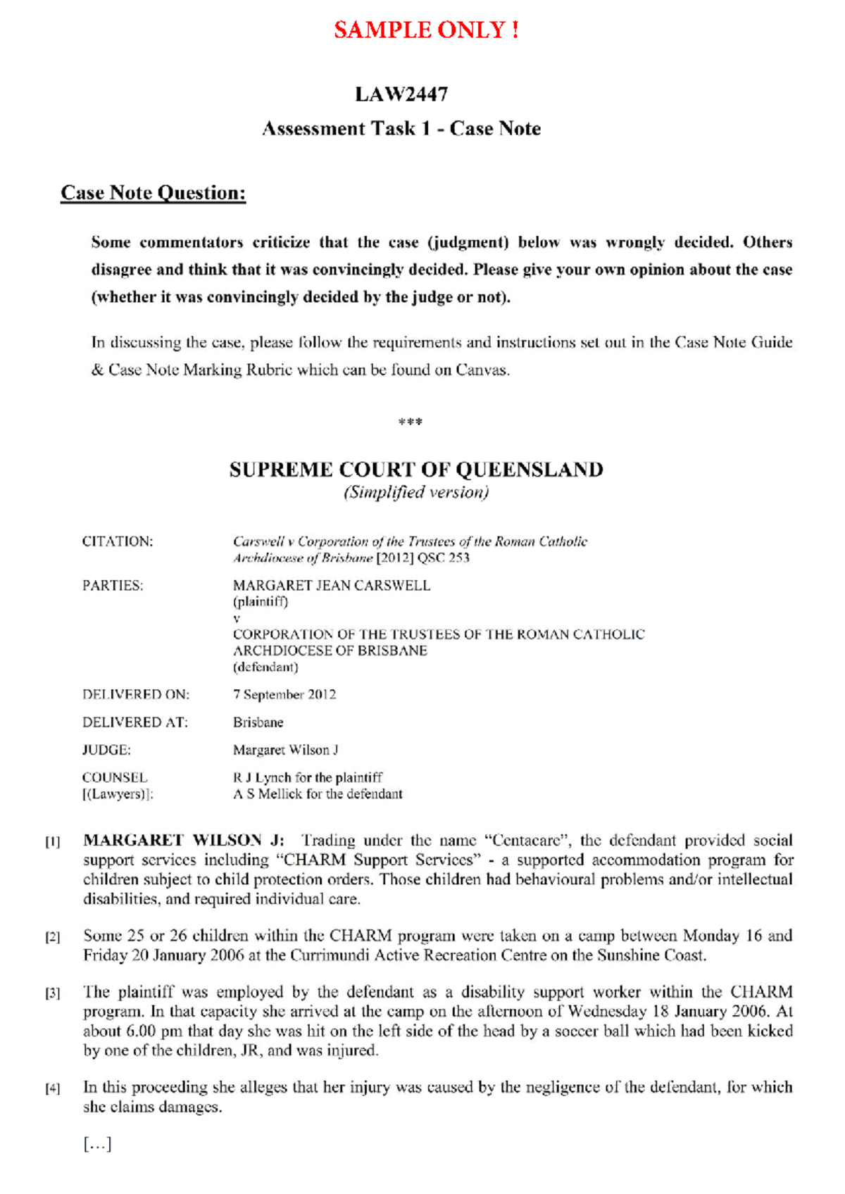 Sample Assignment 1: Case Note Analysis for Review - Studocu